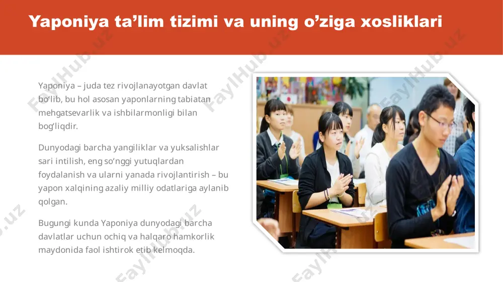 mining tarkibi quyidagicha: bog‘chalar, boshlang‘ich maktab, kichik о‘rta maktab, yuqori о‘rta maktab, oliy ta’lim tizimlariga kiruvchi oliy о‘quv yurtlari. bolalar yoshlariga qarab 3, 2, 1 yillik ta’lim kurslariga jalb qilinadi. yaponiyada maktabgacha ta’lim muassasalarining 59, 9% - xususiy, 40, 8% - davlatnikidir. дополнительные сведения см. в центре начала работы с powerpoint (щелкните стрелку в режиме слайд-шоу) в режиме слайд-шоу щелкните стрелку, чтобы войти в центр начала работы с powerpoint. 5 ta'lim uslubi majburiy ta’lim. ta’limning bu pog‘onasi 6 yoshdan 15 yoshgacha bо‘lgan bolalarni о‘z ichiga oladi. 6 yillik boshlang‘ich ta’lim va 3 yillik о‘rta maktab 9 yillik majburiy ta’limni tashkil etadi va u bepuldir. muhtoj oilalarning bolalari bepul nonushta, о‘quv qurollari, tibbiy xizmat bilan ta’minlanadi. zarur bо‘lgan hollarda ularning oilalariga moddiy yordam kо‘rsatiladi. shu bilan birga yaponiyada xususiy maktablar ham mavjud. ta'lim yo'nalishi universitetlarga yuqori va о‘rta maktabni yoki 12 yillik oddiy maktabni bitirgan о‘quvchilar qabul qilinadi. u yerda 460 …
