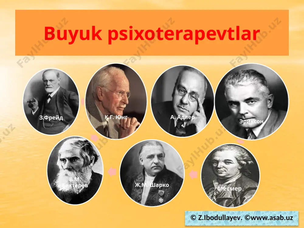 “shaxs” bilan suhbatlashadi, tortishadi, bahslashadi. psixolog esa uni chetdan kuzatib turadi. bu psixologik tajriba psixolog tomondan muhokama qilinadi va aniq strategiya ishlab chiqiladi. © z.ibodullayev. ©www.asab.uz bixeviorizm – bu xulq-atvor haqidagi fan psixolog insonning ongi bilan emas, xulq-atvori bilan shug‘ullanishi kerak (uotson). insonning har qanday xatti-harakati – bu tashqi stimul hosilasidir. bixeviorizm hozirda bolalar xulq-atvorini o‘rganishda va korreksiya qilishda ko‘p qo‘llaniladi. © z.ibodullayev. ©www.asab.uz nima yaxshi? x.f. gufelyand (1762-1836): «bitta vrach davolasa yaxshi, ikkitasiga ham chidasa bo‘ladi, lekin uchtasi – bu dahshat!» © z.ibodullayev. ©www.asab.uz o‘qish uchun zarur kitoblar va saytlar www.asab.uz: telegramkanal: @tibbiypsixologiya © z.ibodullayev. ©www.asab.uz e'tiboringiz uchun rahmat (1-qismi tugadi) © z.ibodullayev. ©www.asab.uz image5.jpeg image8.jpeg image9.jpeg image22.jpeg image23.png image34.jpeg image36.jpeg image37.jpeg image38.jpeg image39.jpeg image46.jpeg image47.jpeg image48.jpeg image49.emf image20.jpeg image50.jpeg image51.jpeg image52.jpeg image53.png image54.png image55.png image56.png image57.png image58.jpeg image1.jpeg image2.jpeg /docprops/thumbnail.jpeg