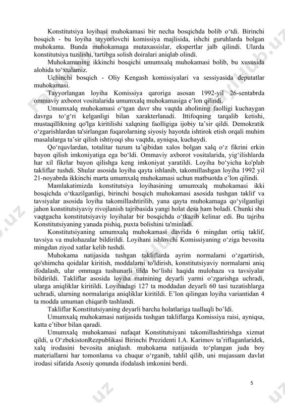 ari, fuqaro va jamiyat, davlat tuzilishi, davlat hokimiyati tizimi bolimlarini tayyorlash yuklandi. kichik guruhlar tarkibiga 50 nafar olim, ilmiy xodimlar, mutaxassislar jalb etildi. komissiya raisi ishchi guruh oldiga: konstitutsiyaviy rivojlanishning jahon tajribasini o‘rganish; boshqa mamlakatlarning inson huquqlari borasida, demokratiya va qonunchilik borasida qolga kiritgan yutuqlarini hisobga olish; keng xalq ommasi diliga yaqin va tushunarli bolgan siyosiy-huquqiy hujjat yaratish vazifasini qo'ydi. umume’tirof etilgan xalqaro hujjatlar qoidalarini konstitutsiya normalariga singdirish masalasi ham komissiya oldiga vazifa qilib qo‘yildi. komissiya va ishchi guruhiga jalb qilinganlar tarkibi yirik olimlar, huquqshunoslar, siyosatshunoslar, iqtisodchilar, davlat va jamiyat arboblaridan iborat bo‘lib, ularning oldida mas’uliyatli, sharafli, shu bilan birga, o‘ta murakkab va qiyin vazifa turaredi. vazifaningqiyinligi shunda ediki, guruhlardagi hech kim avval shunday ish bilan shug‘ullanmagan, ya’ni konstitutsiya loyihasini tayyorlash jarayonida ishtirok etmagan edi. to‘g‘ri, avval ham o‘zbekistontarixida uch marta konstitutsiya qabul qilingan edi, lekin ular markazda tayyorlangan ittifoq konstitutsiyasi andozasi asosida hech o‘zgarishsiz tayyorlanib. qabul qilingan edi. yangi …