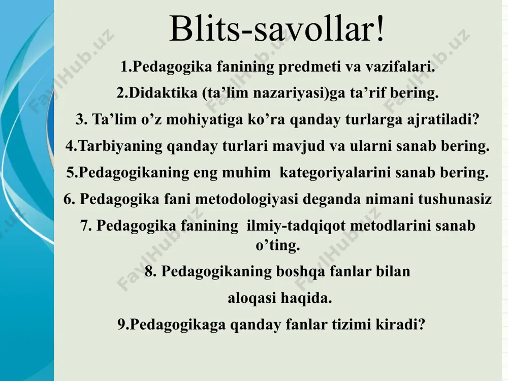 yotlar: 1. barkamol avlod – о‘zbekiston taraqqiyotining poydevori. – toshkent: sharq nashriyot-matbaa konserni, 1998. 2. tursunov i., nishonaliyev u. pedagogika kursi. –t.: о‘qituvchi, 1997. 3. g‘oziyev e. psixologiya (yosh davrlari psixologiyasi). – t.: о‘qituvchi, 1994. 4. podlasiy i. pedagogika. v 2 kn. kn. 1. – moskva: vlados, 1999. 5. almetov n. pedagogika: savollar va javoblar // о‘quv qо‘llanma. –2001. 6. pedagogika nazariyasi va tarixi. 1-qism. pedagogika nazariyasi / m.x.toxtaxodjayeva va boshqalar. prof. m.x.toxtaxodjayevaning umumiy tahriri ostida. – toshkent: “iqtisod-moliya”, 1996. 7. b.x.xodjaev. pedagogika nazariyasi va amaliyoti. -toshkent, “sano-standart” nashriyoti, 2017.. tayanch tushunchalar: pedagogik antropologiya, individ, shaxs, individuallik, o‘sish, rivojlanish, ijtimoiylashuv, irsiyat, muhit, tarbiya, yosh davrlari, gender. individ (lotincha “individium” sо‘zidan olingan bо‘lib, “bо‘linmas”, “yagona” ma’nolarini anglatadi) xatti-harakatlarini shartli refleks yordamidagina tashkil eta oluvchi biologik mavjudod. shaxs tushunchasi insonga taalluqli bo‘lib, psixologik jihatdan taraqqiy etgan, shaxsiy xususiyatlari va xatti-harakatlari bilan boshqalardan ajralib turuvchi, muayyan xulq-atvor va dunyoqarashga ega bo‘lgan jamiyatning a’zosini …