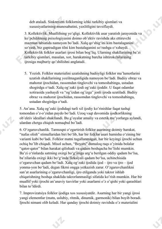 amoyon bo’ladi. xalq qo‘shig‘ini kim bastalaganini so‘rash, biz gapiradigan tilni kim bastalaganini so‘rashga o‘xshaydi. kollektivlik folklor asarlari ijrosi bilan bog’liq. ularning shakllarining ba’zi tarkibiy qismlari, masalan, xor, harakatning barcha ishtirokchilarining ijrosiga majburiy qo’shilishni anglatadi. 5. yozish. folklor materialini uzatishning badiiyligi folklor ma’lumotlarini uzatish shakllarining yozilmaganligida namoyon bo‘ladi. badiiy obraz va mahorat ijrochidan, rassomdan tinglovchi va tomoshabinga, ustadan shogirdga o‘tadi. xalq og‘zaki ijodi og‘zaki ijoddir. u faqat odamlar xotirasida yashaydi va “og’izdan og’izga” jonli ijroda uzatiladi. badiiy obraz va mahorat ijrochidan, rassomdan tinglovchi va tomoshabinga, ustadan shogirdga o‘tadi. 5. an’ana. xalq og’zaki ijodidagi turli xil ijodiy ko’rinishlar faqat tashqi tomondan o’z-o’zidan paydo bo’ladi. uzoq vaqt davomida ijodkorlikning ob’ektiv ideallari shakllandi. bu g’oyalar amaliy va estetik me’yorlarga aylandi, ulardan chetga chiqish nomaqbul bo’ladi. 6. o‘zgaruvchanlik. tarmoqni o‘zgartirish folklor asarining doimiy harakat, “nafas olish” stimullaridan biri bo‘lib, har bir folklor asari hamisha o‘zining bir varianti kabi bo‘ladi. folklor matni tugallanmagan, har bir keyingi …