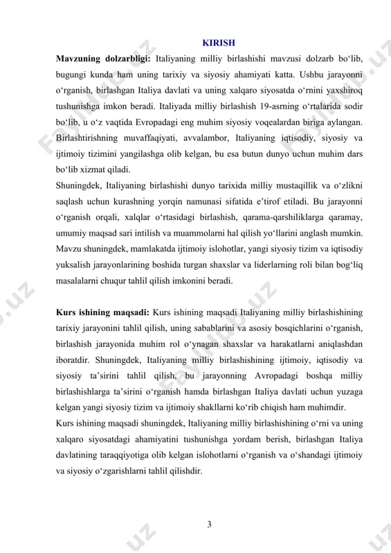 , ichki va tashqi omillar o‘rtasidagi o‘zaro bog‘liqlik, milliy birlashuvni amalga oshirishda asosiy rol o‘ynagan shaxslar (mazzini, garibaldi, kavur va boshqalar) faoliyati, ularning strategik va g‘oyaviy yo‘nalishlari, shuningdek, diplomatik aloqalar, harbiy harakatlar va xalqning rolini o‘rganish. ushbu jarayonning yevropaning boshqa davlatlariga bo‘lgan ta’siri, xalqaro miqyosdagi o‘zgarishlar va italiyaning zamonaviy davlat sifatida shakllanishiga olib kelgan omillar ham predmetning muhim tarkibiy qismlaridir. shu bilan birga, milliy birlashuvning iqtisodiy va madaniy rivojlanishga qo‘shgan hissasi ham tahlil qilinadi. kurs ishining metadologik asosi: italiyaning milliy birlashish jarayonini o‘rganishda tarixiylik va tizimlilik tamoyillariga asoslangan holda ilmiy tahlil yondashuvlari qo‘llanilgan. tadqiqot davomida quyidagi metodlardan foydalanilgan: · tarixiy metod: italiyaning milliy birlashish jarayonidagi tarixiy voqealar, shaxslar va harakatlarning ketma-ketligi, ularning sabab va oqibatlari tahlil qilindi. · tahlil va sintez: milliy birlashuvga ta’sir qilgan omillar alohida o‘rganilib, ularning umumiy mazmuni va o‘zaro bog‘liqligi aniqlandi. · taqqoslash metodi: italiyaning milliy birlashuv jarayoni boshqa yevropa davlatlarining milliy harakatlari bilan qiyoslanib, o‘xshashlik …