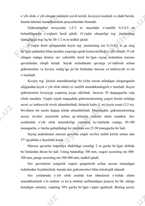 ulash yuklash mashnalaridan foydalaniladi. tog`jinslarini bu mashnalar bilan shaxta vagonetkasi, konveyerlar, bunkyer- poyezd va boshqa transport vositalariga peregrujatellar orqali yuklanadi. kon lahimi uzunligi unchalik katta bo`lmasa (70 m gacha) tog` jinslarini yuklash va tashish, skreper qurilmalari yordamida, uzunligi katta bo`lgan hollarda esa skrepkali konveyer va yuklash mashnasi yordamida amalga oshrilishi mumkin. oxirgi sxemada tog` jinslarini yuklash va tashish asosan mustahkamlangan kon lahimi eni katta bo`lmasdan skreperlar bilan tog` jinslarini tozalashda mustahkamlagich asoslarini tebratish xavfi bor (ayniqsa bu holat bo`sh va noturg`un tog` jinslarida katta xavf tug`diradi) holatlarda qo`llash maqsadga muvofiqdir. kon lahimlarini mustahkamlash vaqtinchalik va doimiy mustahkamlagichlarni o`rnatish jarayonlaridan iboratdir. vaqtinchalik mustahkamlagichlar doimiy mustahkamlagichlarni o`rnatgunga qadar kovjoy oldi hududida ishlarni bajarish xavsizligini ta`minlash uchun o`rnatiladi. kon lahimi ko`ndalang kesim yuzasi shakli va tog` jinslari mustahkamligi qanday bo`lishdan qat`iy nazar vaqtinchalik mustahkamlagich sifatida ramali yoki arkasimon qattiq, hamda ankerlardan foydalaniladi. yetarlicha mustahkam bo`lmagan tog` jinslarida qatlamlab qo`parilib tushish hollari tez-tez uchrab …