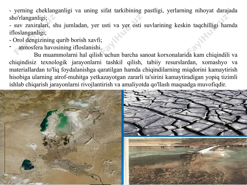 l bo'lgan. yerda hayot paydo bo'lishidan avval atrof-muhitda organik moddalar hosil bo'lib to'planib borgan. birinchi organik moddalar metan, karbonat angidrid, vodorod, suv bug'lari, ammiak gazlaridan quyosh radiatsiyasi ta'sirida hosil bo'lgan. quyosh energiyasi ta'sirida avval uglevodorodlar, aldegid va ketonlar, karbonat kislotasi hamda aminokislotalar hosil bo'lgan. bu moddalar esa organik moddalarning aylanma harakatiga kirishib, destruksiya va sintez jarayonlari natijasida murakkab organik moddalarni hosil qilgan. bu moddalar gidrosferada to'plangan. birinchi sodda tirik organizmlar okean suvlarida paydo bo'lgan, chunki suv ularni quyoshning ultrabinafsha nurlaridan himoyalab, hayotning rivojlanishiga imkon yaratgan. yer o'z evolutsiyasi jarayonida quydagi asosiy bosqichlardan o'tgan: — 3,8 mlrd. yil avval suvda birinchi mikroorganizmlar paydo bo'ladi va fotosintez jarayoniga kirishadi. ularning faoliyati natijasida atmosferadan uglerod oksidi ajratib olinadi va erkin kislorod hosil bo'lib, atmosferada to'planib boradi. fotosintezni amalga oshiruvchi organizmlar faoliyati natijasida atmosfera anaerob qaytaruvchi holatidan aerob oksidlovchi holatiga o'tgan. arxey davrining boshida (3,5 mlrd. yil avval) ko'k-yashil suv o'tlarining fotosintez jarayoni natijasida …