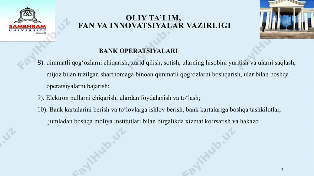 hik biznes subʼektlaridan tijorat banklarida milliy valyutada hisobvaraq ochganligi uchun haq olinmaydi. 12 oliy ta’lim, fan va innovatsiyalar vazirligi mijozlarga hisobvaraqlar ochish va yopish, shuningdek hisobvaraqlardan mablagʼlarni hisobdan chiqarish amallarini vaqtincha toʼxtatib turish hamda ularni qayta harakatga keltirish shu kunning oʼzidayoq amalga oshirilib, bank depozitorlarining milliy axborotlar bazasi orqali oʼzbekiston respublikasi davlat soliq qoʼmitasiga uzatiladi. banklarda mijozlarning hisobvaraqlarini roʼyxatga olish kitobi yuritiladi. ushbu kitob raqamlangan, ip oʼtkazib tikilgan, bosh bankning bosh buxgalteri imzosi va muhri bilan tasdiqlangan boʼlishi lozim. shuningdek, mijozlarning hisobvaraqlarini roʼyxatga olish kitobi kompьyuterda dasturiy tarzda yuritilishi mumkin. 13 oliy ta’lim, fan va innovatsiyalar vazirligi tadbirkorlik faoliyati subʼektlari boʼlgan rezident yuridik shaxslar, yakka tartibdagi tadbirkorlar hamda dehqon xoʼjaliklari tomonidan milliy valyutada talab qilib olinguncha depozit hisobvaraqlari ochish uchun bankka quyidagi hujjatlar taqdim qilinadi. 1). hisobvaraq ochish toʼgʼrisida ariza; 2). imzolar namunalari qoʼyilgan ikki dona varaqcha; 3). mijoz nomidan pul-hisob-kitob hujjatlarini imzolash vakolatiga ega shaxsning shaxsini tasdiqlovchi hujjati (pasport …