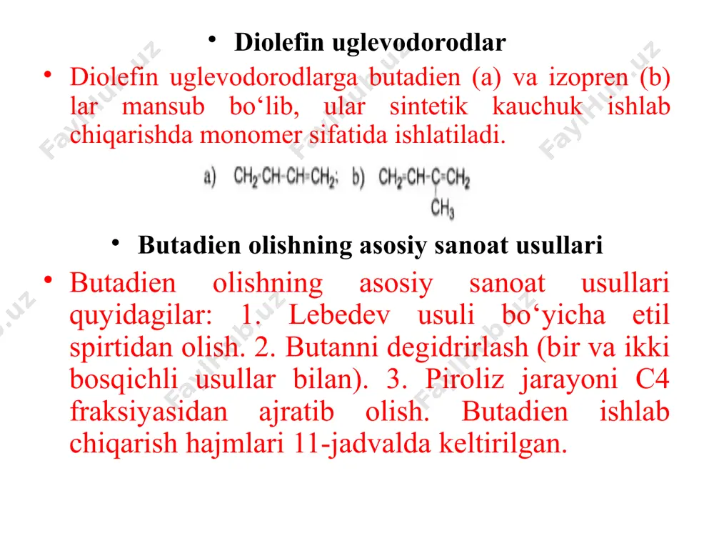 l izopropil spirt okso spirtlar аllilatsetat glitserin mustahkam 33,1 propilenning asosiy qismi polipropilen ishlab chiqarishiga sarflanadi. propilen asosida olinadigan yana muhim mahsulot bu akrilonitrildir. аkrilonitril sintetik tola va kauchuk olish uchun monomerdir. uning amaldagi yagona olinish usuli boʼlib propilenni oksidlovchi ammonolizi hisoblanadi. propilenni oksid xlorgidrinli usul bilan olinadi: etilbenzol va propilenning birgalikdagi oksidlanish usuli keng qoʼllaniladi. propilen oksidi poliuretanlar, propilenglikol, sirtfaol moddalar ishlab chiqarishda va boshqa sohalarda ishlatiladi. propilenni sulьfat kislotali gidrotatsiyasi bilan izopropil spirti olinadi va u pergidrol, atseton, ikkilamchi alkilsulьfatlar, gidrotormozli suyuqlik olishda qoʼllaniladi. propilenning koʼp miqdori butil spirtlarini ishlab chiqarishda sarflanadi, ular esa oʼz navbatida plastifikatorlar (dibutilftalat), loklar, boʼyoqlar, erituvchilar olish uchun qoʼllaniladi. propilendan oksosintez yoʼli bilan olingan moy alьdegidi 2–etil–geksanoni olishda dastlabki modda boʼlib hisoblanadi. 2–etilgeksanol esa oʼz navbatida plastifikatorlar va sintetik moylar olishda qoʼllaniladi. image1.png image2.png image3.png image4.png image5.png image6.png image7.png image8.png /docprops/thumbnail.jpeg