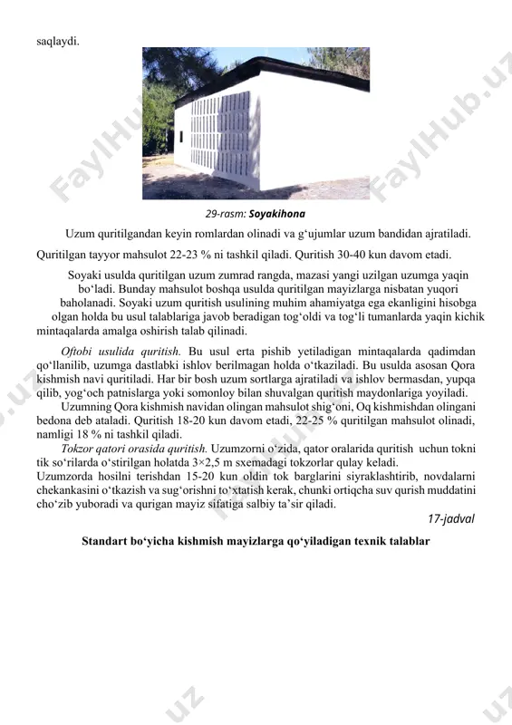 ishini saqlab qolishga, vitaminlarini yaxshi saqlanishiga, tarkibida qand moddasi kam yo‘qotilgan holda, mahsulotlarni qurt-qumursqalardan va mikroorganizmlardan saqlashga yordam beradi. patnislardagi uzumlar shiyponga 15-18 tadan taxlanadi. har bir to‘p taxlab qo‘yilgan patnislar usti yana bir bo‘sh patnis bilan berkitiladi. bu esa quritilgan uzumlar bir xil oltin rangda bo‘lishini ta’minlaydi. 4-5 kundan keyin uzumlar ag‘dariladi va patnislar o‘rniga (pastdagi patnis yuqoriga, yuqoridagi patnislar pastga) almashtiriladi. birinchi qatordan 20-25 sm masofada ikkinchi qator taxlab chiqiladi va 80 sm kenglikdagi o‘tish uchun yo‘lakcha qoldiriladi va shu tartibda patnislarni ikki qator shtabel usulida joylashtirish davom etiladi. quritish ob-havo sharoitiga qarab 14-21 kungacha davom etadi. bunday usulda quritilganda 27-32% kishmish (urug‘siz), 26-27% mayiz (urug‘li) olinadi. oq kishmish, botir, zarafshon, samarqand, xishrau navidan quritilgan uzum oltin rang sabza deb ataladi. kattaqo‘rg‘on, sultoni va nimrang navlaridan olingan mahsulot esa oltinrang germion deb ataladi. objush usulida quritish. bu usulning o‘ziga xos xususiyati shundaki, bunda uzumga avval kaustik sodaning qaynayotgan …