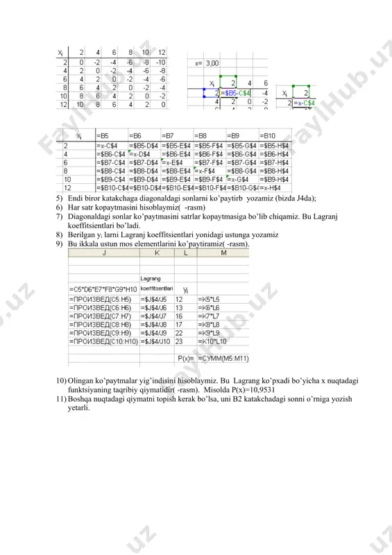 sildorlikka bo’lgan bog’liqlik tajribasi o’tkazilgan. suv miqdori (х) 12 18 24 30 36 42 48 50 hosildorlik (у) 5.27 5.68 6.25 6.25 7.21 8.02 9.71 8.42 suv miqdorini 25,26,27,28.29 ga oshishi bilan hosildorlikning oshishini taqriban aniqlang. matcadda yechish bu yerda ych hil usulga hosildorlik aniqlandi. bulardan ko’rinadiki verguldan keyingi ikki xonagacha natijabir hil. taqribiy echim deb yahlitlash bilan quyidagini olish mumkin bu usul hisoblash usullari bo’yicha mutahassis bo’lmagan foydalanuvchilar uchun yaratilgan. ular interpolyatsion formula xatoliklarini aniqlab o’tirmaydilar. bir necha usul bilan aniqlab, solishtirib taqribiy yechimni olish ular uchun yetarli. 2.ishlab chiqarishda mahsulot miqdorining uning narxiga bo’lgan bog’lanishni aniqlash uchun tajriba o’tkazilgan. mahsulot hajmi (x,tonna) 21 23 26 28 34 38 44 45 47 56 mahsulot narxi (u, mln.sum) 128 133 150 155 137 155 137 143 153 145 ehmda mahsulot hajmining uning narxiga bo’lgan interpolyatsion bog’lanishni tuzing. yechish. bu masalani ham yuqoridagi kabi ych hil usulda splaynlar orqali yechamiz. bularga …