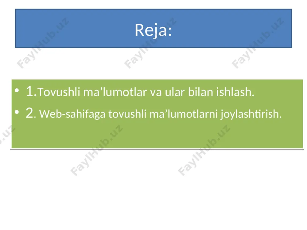 olinadi. tegi bilan ishlamaydigan brauzerlarda juft tegi ishlatiladi tovushli ma’lumotlar va ular bilan ishlash. web-sahifaga tovushli ma’lumotlarni joylashtirish. tegi sahifa uchun fon tovush beradi, ya’ni sahifa ko’rinishi bilan eshitilib turadigan tovush, bu gap netscape brauzeri uchun o’rinli emas. fragment necha marta takrorlanishini ko’rsatuvchi loop attribut bo’lishi mumkin. masalan: tegi ham ko’pchilik brauzerlar tomonidan qo’llanilmaydi. u ham audio, ham video fayllardan foydalanish uchun ishlatiladi. agar brauzer bu tegni qo’llamasa, unda va teglari ichiga olingan matn ko’rinadi. tegining ushbu atributlari bor: data=adres va nom; plug-in(audio/video/... fayllar uchun); width= ob’ekt kengligi; height= ob’ekt balandligi. ushbu dastur liveware javascript tilining avlodi boʻlib, netscape serveri tomonidan ishlovchi vosita boʻladi. ammo javascript tilini mashhur qilgan narsa bu xaridor tomonidan dasturlashdir. javascriptning asosiy vazifasi — html konteynerlar atributlarining qiymatlarini va koʻrsatuvchi muhitining xossalirini html sarlavhalarni koʻrish jarayonida foydalanuvchi tomonidan oʻzgartirish imkoniyatlarida, boshqacha aytganda ularni dinamik sarlavhalar qilish (dhtml) tushuniladi. yana shuni aytish joizki, sarlavhalar qayta yuklanmaydi. web-sahifaga …