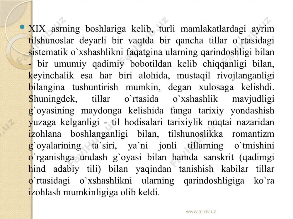 d etilgan tillarda mavjud grammatik shakllarni-tuslanish formalarini qiyoslash asosida ushbu tillar o`rtasidagi umumiylikni, o`xshashlikni ochib berdi. u qiyoslash metodi bilan qiyoslanayotgan tillarning dastlabki holatini, ko`rinishini tiklash mumkin, degan fikrni ilgari surdi. shunga ko`ra 1816 yil to`liq ma`noda qiyosiy-tarixiy tilshunoslikning tug`ilish-yaratilish yili deb e`tirof qilinadi. www.arxiv.uz