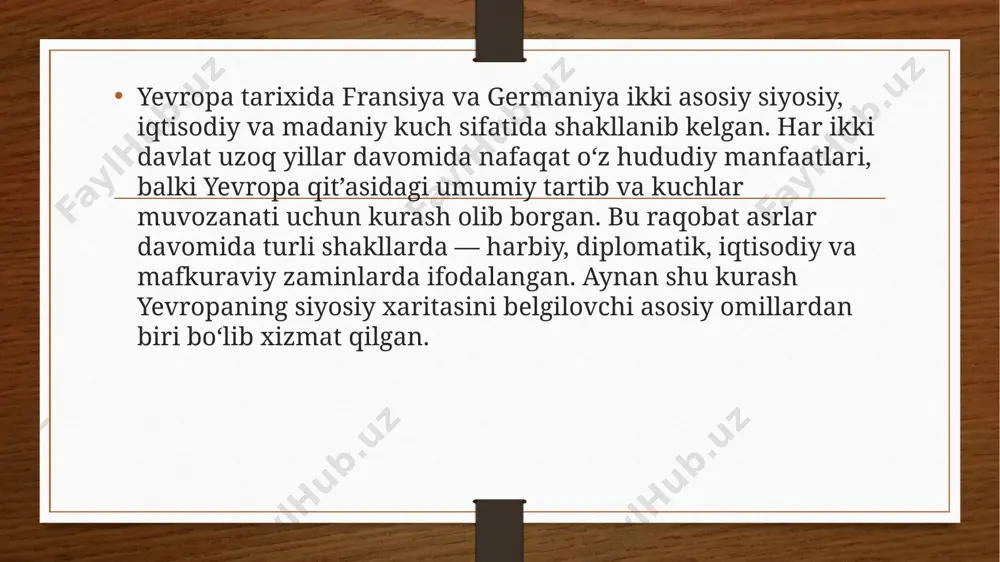 a xalq irodasiga tayanadigan institutlarni rivojlantirishga harakat qilgan bo‘lsa, germaniya kuchli markazlashgan davlat boshqaruvini afzal bilgan. bu ikki xil yondashuv ularning yevropa ittifoqidagi pozitsiyasini ham belgiladi. fransiya diplomatik tenglik va madaniy yetakchilikka urg‘u bergan bo‘lsa, germaniya iqtisodiy barqarorlik, sanoat kuchi va moliyaviy intizom asosida o‘z yetakchilik rolini mustahkamlashga intildi. ikkinchi jahon urushidan so‘ng fransiya va germaniya o‘rtasida tarixiy murosaga erishildi. bu ikki davlat yevropa ittifoqining asosiy tayanchiga aylandi. biroq integratsiya jarayoni o‘zaro raqobatning yo‘qolganini anglatmadi. aksincha, bu raqobat yangi shakl — iqtisodiy va siyosiy yo‘nalishdagi yetakchilik poygasiga aylangan. germaniya yevropa iqtisodiy barqarorligining bosh homiysiga aylansa, fransiya siyosiy tashabbus va geostrategik tashqi siyosat bo‘yicha ilg‘or rolni egalladi. yevropa ittifoqi doirasidagi muhim qarorlar aynan fransiya-germaniya o‘qiga tayangan holda shakllantirilgan. ikkala davlatning murosasi yoki ziddiyati yevropa siyosiy muvozanatining markaziy omilidir. bu holat raqobat bilan hamkorlik o‘rtasida doimiy muvozanatni talab qiladi. fransiya va germaniya o‘rtasidagi kurash — bu oddiy siyosiy raqobat emas, balki yevropa …