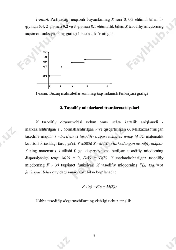 u holda 2 x erkinlik darajasi d bo'lgan x-kvadrat taqsimotiga ega . x tasodifiy o'zgaruvchisi quyidagi xususiyatlarga ega: - matematik kutish m(x) = ab + c , - dispersiya d(x) = s 2 = ab 2 , - o'zgaruvchanlik koeffitsienti - assimetriya - kurtoz oddiy taqsimot gamma taqsimotining ekstremal holatidir. aniqroq qilib aytganda, z (7) formula bilan berilgan standart gamma taqsimoti bilan tasodifiy o‘zgaruvchi bo‘lsin. keyin x haqiqiy son uchun , bu erda f(x) standart normal taqsimot n (0,1) funksiyasi. amaliy tadqiqotlarda taqsimotlarning boshqa parametrik oilalari ham qo'llaniladi, ulardan pearson egri tizimi, edgeworth va charlier seriyalari eng mashhurdir. bu erda ular hisobga olinmaydi. 9. puasson taqsimoti yana bir keng tarqalgan diskret taqsimot bu puasson taqsimotidir. y tasodifiy o'zgaruvchisi puasson taqsimotiga ega, agar bu yerda l - puasson taqsimotining parametri, qolgan barcha y uchun p(y=y)= 0 (y=0 0!=1 bilan belgilanadi). puasson taqsimoti uchun m(y) = l, d(y) = l. bu taqsimot …