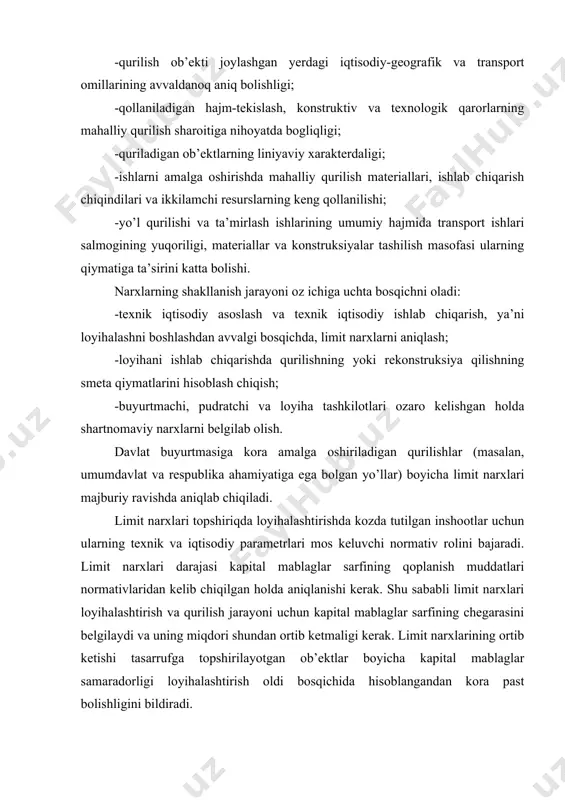 alashtirish va qurilish jarayoni uchun kapital mablaglar sarfining chegarasini belgilaydi va uning miqdori shundan ortib ketmaligi kerak. limit narxlarining ortib ketishi tasarrufga topshirilayotgan ob’ektlar boyicha kapital mablaglar samaradorligi loyihalashtirish oldi bosqichida hisoblangandan kora past bolishligini bildiradi. smeta qiymati loyihalashtirish jarayonida qabul qilingan muxandislik yechimlari asosida belgilanadi va loyiha tarkibida tasdiqlanadi. bunda uning qiymati tasdiqlangan royxat boyicha besh yillik muddatga yangidan qurilishi boshlanadigan va rekonstruksiya qilinishi texnik iqtisodiy asoslanishiga togri kelishi yoki undan past bolishi kerak. shartnomaviy narx - qurilish va yo’l xojaligida tovar-pul munosabatlarining butunlay yangicha bolgan kategoriyasidir. shartnomaviy narxning yuqori chegarasi ob’ekt qurilishi yoki rekonstruksiyasining limit narxi bolsa, pastki chegarasi pudratchining xojalik hisobi manfaatlarini hisobga oluvchi loyihalashtirish bosqichida aniqlangan smeta qiymatidir. +qurilishda (shu jumladan yo’l qurilishida), hamda yo’l xojaligida narx shakllanishining markaziy masalasi loyihani ishlab chiqarishda hisoblanadigan smeta qiymati sanaladi, chunki huddi shu smeta qiymati qurilishda shartnomaviy narxlarni aniqlash uchu nasos bolib xizmat qiladi. smeta xizmatini aniqlash uchun loyiha …