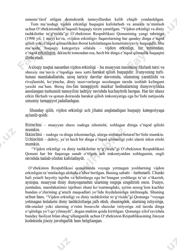 hqa har qanday sohasi kabi diniy jarayonlar ham faqat qonun belgilab qo‘yilgan mezonlarga muvofiq ravishda rivojlanishga haqlidir. ifodali qilib aytganda, qonun barcha boshqa sohalarni me’yorga solib turgani kabi diniy vaziyat evolyusiyasi ham, hech qanday chekinishlarsiz, unga bo‘ysunishga majbur. bu ish demokratiyaning asosiy tamoyillaridan bo‘lgan vijdon erkinligi, xususan, e’tiqod erkinligini chegaralash hisobiga qilinmaydi, albatta. aksincha, azal-azaldan demokratik jamiyatning bosh mezoni bo‘lib kelgan qonun ustuvorligini ta’minlash orqali amalga oshiriladi. “diniy vaziyat evolyusiyasini boshqarish” haqidagi tezis, eng avvalo, dunyoviy- ma’rifiy davlat va jamiyat qurilishi jarayonida diniy omilga ajratilgan konstitutsiyaviy o‘rinni qonuniy vositalar bilan ta’minlashni nazarda tutadi. o‘zbekiston davlatining dunyoviylik, diniy bag‘rikenglik, barcha dinlarga bir xilda https://kompy.info/moliya-bozorida-nobank-kredit-institutlari.html https://kompy.info/tezis-va-maqolalar-tahlilini-organish-reja.html munosabat, jamiyat taraqqiyotida din bilan hamkorlik qilish xususiyatlari ana shu tamoyil asosida amalga oshiriladi. chunki dunyoviy-ma’rifiy davlatda diniy e’tiqodi va dunyoqarashidan qat’i nazar, siyosiy xohishlarini bildirishda barcha fuqarolarning teng ishtiroki tamoyiliga rioya qiladi. dunyoviylik tuyg‘ulari alohida shaxs va ijtimoiy institutlar darajasida namoyon bo‘lib boradi. dunyoviylik demokratik …