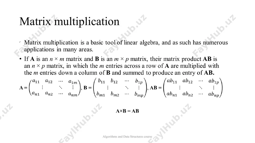 = = 19 algorithms and data structures course matrix multiplication so given 2 matrices, need to compute their multiplication. example: × = = = = = = = algorithms and data structures course matrix multiplication so given 2 matrices, need to compute their multiplication. example: × = = = = = = = algorithms and data structures course matrix multiplication code is simple: complexity is algorithms and data structures course image301.png image311.png image250.png image260.png image270.png image280.png image290.png image300.png image310.png image320.png image330.png image340.png image350.png image360.png image370.png image1.png /docprops/thumbnail.jpeg