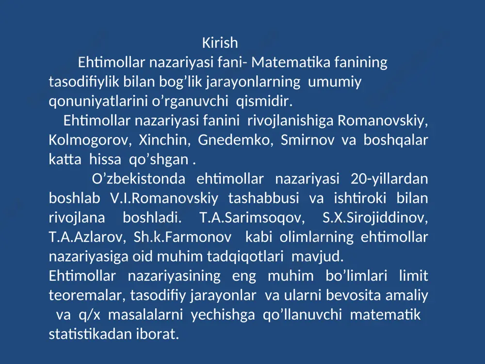 ki unib chiqmaslik hodisalaridan biri ro‘y beradi. bu erda chigitni ekish tajriba, uni unib chiqish yoki unib chiqmasligi hodisadir. hodisalar uch xil bo‘ladi: muqarrar, mumkin bo‘lmagan, tasodifiy hodisalar 2.hodisa va uning turlari. muayyan shart-sharoitda har bir tajribada ro‘y berishi ham, ro‘y bermasligi ham mumkin bo‘lgan hodisa tasodifiy hodisa deyiladi. tasodifiy hodisalar a, b, c, d, ... bosh harflar bilan belgilanadi. xususan, o’zaro qarama-qarshi: 3) tasodifiy hodisalar = u agar har bir sinashda a1, a2, ..., an hodisalardan kamida bittasi ro‘y bersa, ya’ni a1+a2+…..+an=u bo‘lsa, u holda bu hodisalar, hodisalarining to‘la gruppasini tashkil etadi. agar bu hodisalar bir-xil ro’y berish shansiga ega bo’lsa teng imkoniyatli hodisalar bo’ladi. muqarrar bo’lmagan hodisa deb biror shartlar kompleksi bajarilganda hech ham sodir bo’laydigan hodisaga aytiladi. tasodifiy hodisa deb biror shartlar kompleksi bajarilganda ro’y berishi ham ro’y bermasligi ham mumkin bo’lgan hodisaga aytiladi. ehtimollar nazariyasi - berilgan tasodifiy hodisalarning ehtimollariga ko’ra boshqa ular bilan qandaydir bog’langan …
