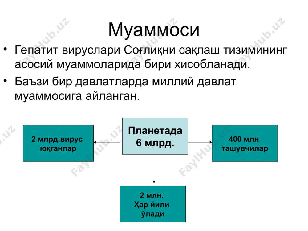 атга ўта чидамли, органик эритувчиларга ҳам чидамли, хона хароратида бир неча хафта яшаши мумкин 60-да 0.3 миқдорда юқумлигини 4-12соатда йўқотади 85-да 1 неча минутда ўлади, хлор препаратларига чидамсиз. клиникаси: инкубацион даври 15-50 кунгача сариқлик даври энг хавфли даври хисобланади -иммунитети-кучли ва узоқ қолади -профилактикаси вакцинация, γ-глобулин гепатит в вируси hepadnaviridae (hbv-hepatitis b virus) 1963й блумберг қон зардобидан ag топган 1970й дейна электрон микроскопда топган (дейна бўл.) морфологияси: шарсимон 42-45 нм мағиз қисми (сердцевина)-диаметри 27 нм антигени hbc-ag, hbe-ag, hbs-ag геноми:-2 ипли днк –занжир хақасимон. днк-манфий ипи тўлиқ, мусбат ипи нуқсонли 30-40 %. нуқсонли қисми репродукция пайтда вирусни днк-полимераза ферменти тўлдиради. 4-ген (s, c, p,x) днк-м/о 2.1-106 , узунлиги 1.06 мкм, 3150 та жуфт нуклеотид турлари гепатит в гепатит в гепатит в вируси hbs-ag м/о3.7-103 антигенда “а” махсус антиген детерминант тутади. бу антиген вирусни протектив антигени ҳисобланади. бундан ташқари бир-биридан фарқ қилувчи (d,y,wr) антиген детерминантлари учрайди. бу ag ҳар комбинацияда келиб …