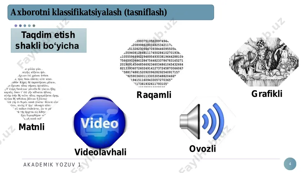 borot resurslarini qo‘llash yoki inson tomonidan yoki kompyuter dasturlari tomonidan talqin qilinishi mumkin. axborot resurslari elektron shaklda (masalan, elektron hujjat fayllari) va boshqa shakllarda (qog‘oz shaklidagi kataloglangan matnlar va tasvirlar, kinoplyonkadagi kinofilmlar) mavjud. akademik yozuv 1 16 axborot almashinish tufayli jamiyat alohida jamiyat a’zolarini birlashtira oladi. agar insoniyat jamiyatini nazarda tutsak, ijtimoiy jamoa tuzumidagi odamlarning bargalikda ovga chiqishlari bir-birlari bilan axborot almashinishlari orqali amalga oshgan. axborotning birlashtiruvchilik roli hozirgi kunda ham o‘zgargani yo‘q – insonlarning katta jamoasini maqsad sari yo‘naltirishning boshqa usuli yo‘q (axborot almashishdan tashqari). axborot jamiyat hayotida boshqarish uchun qo‘llaniladi. jamiyat hayotining turli tomonlarini boshqarish uchun bir necha axborot vositalari (qurilmalari) yaratilgan. oddiy misol – yo‘l svetofori – harakat qatnashchilariga avtomatik tarzda ma’lum bir rangdagi signallarni yuborib yo‘l harakatini boshqaradi. akademik yozuv 1 17 elektron axborot resurslari kompyuter axborot tizimlarida qo‘llash uchun mo‘ljallangan. elektron to‘plagichlarning ixchamligi, katta hajmdagi ma’lumotlarni saqlay olishi, tez ishlashi hamda u bilan ishlashning qulayligi …
