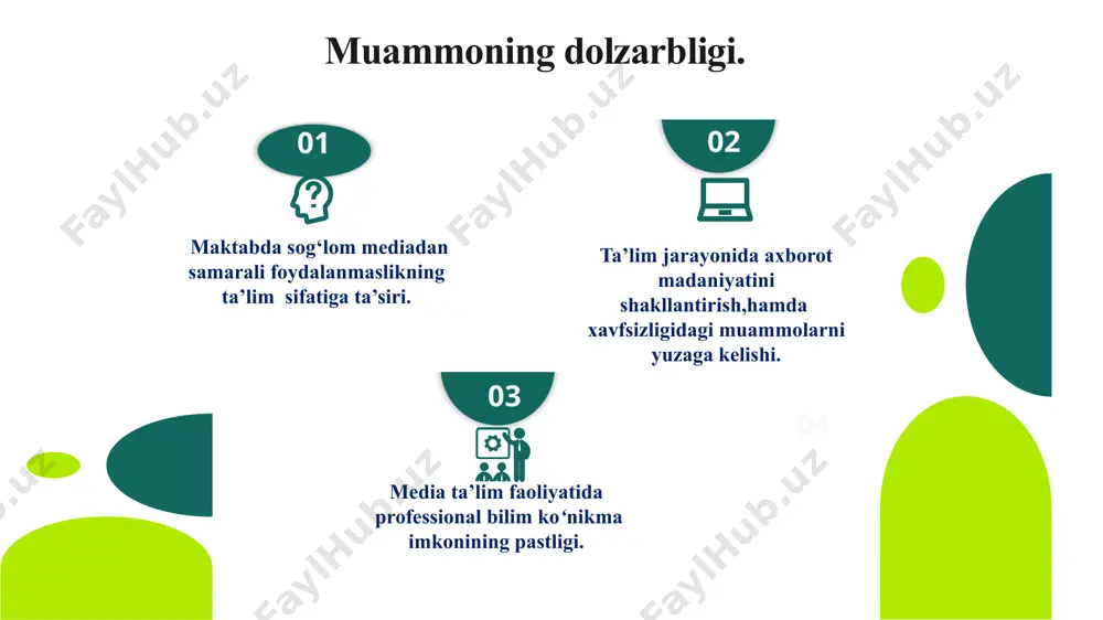 sifati va samaradorligini oshirish. vazifalar media uzluksiz ta’lim jarayonini vizual materiallar bilan boyitish. darsning sifatli o‘tilishi va o‘quvchilar tomonidan o‘zlashtirish samaradorligini oshirish. maktabda sog‘lom media muhitni shakllantirishda, medianing ustuvorliklari va kamchiliklarini tushungan holda, ular tomonidan tarqatilayotgan axborotni saralay bilish va zarurini qabul qilish koʻnikmalarini shakllantirish. o’quvchilarda sog‘lom media bilan birga, modem, foto, video, kompyuter texnologiyalari, internet bilan do‘stlashish, bilimlarni kengaytirish imkonini yaratish. muammo yuzasidan xorijiy tajribalarni o‘rganilganligi aqsh kasbiy rivojlanish dasturlari -o‘qituvchilar uchun doimiy ravishda ruvojlanish kurslari tashkil etadi ta’lim tashabbusi loyihalari - ko‘plab maktablarda o‘quvchi va o‘qituvchilar noutbuklar bilan ta’minlangan. mediasavodxonlik bo‘yicha muntazam ravishda resurslar taqdim qilib boriladi janubiy koreya raqamli maktab pakti loyihasi – germaniya maktablarini raqamli vositalar bilan ta’minlash va o‘qituvchilarni akt bo‘yicha o‘qitish bilan shug‘ullanadi. mediasavodxonlik loyihalari – “raqamli dunyoda qurulish” strategiyasi doirasida mediasavodxonlik bo‘yicha maxsus o‘quv dasturlari ishlab chiqilgan germaniya e-ta'lim dasturi asosida maktablar raqamli vositalar bilan ta’minlanadi o‘qituvchilar uchun majburiy akt treninglari – o‘qituvchilar …