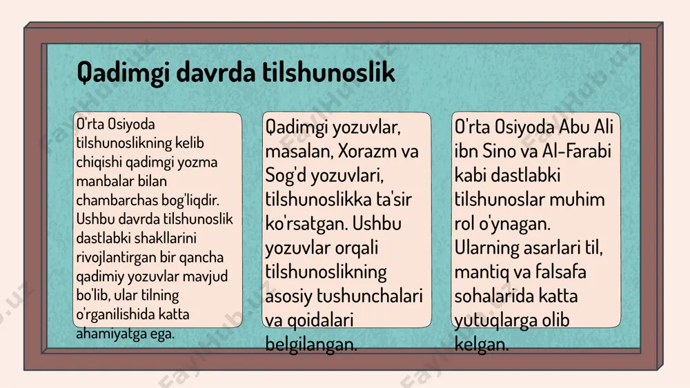 ish va tarjima jarayonlarida o'z ifodasini topdi. bunday nazariyalar, o'z navbatida, tilshunoslikning zamonaviy yo'nalishlariga asos bo'lib xizmat qilishda davom etmoqda. o'rta asrlar tilshunosligi va madaniyat o'rta asrlarda tilshunoslik va madaniyat o'rtasidagi munosabatlar o'zaro bog'liq bo'lib, bir-birini shakllantirgan. tilshunoslik madaniyatni ifodalashda muhim rol o'ynadi, chunki til orqali xalqning urf-odatlari, qadriyatlari va tarixiy tajribalari saqlanadi. masalan, o'spirinlar orasida o'zbek va fors tillarida yozilgan asarlar madaniyat va ilm-fanning o'zaro ta'sirini ko'rsatadi. shuningdek, madaniyat tilshunoslik rivojlanishiga ta'sir qiladi, chunki yangi madaniy fenomenlar va ijtimoiy o'zgarishlar tilni yangilash va rivojlantirishga olib keladi. o'rta osiyoda, masalan, ilmiy va adabiy asarlar til va madaniyat o'rtasidagi bog'liqlikni yanada kuchaytirdi. mustaqillik davrida tilshunoslik mustaqillik davrida o'rta osiyoda tilshunoslik sohasida ko'plab o'zgarishlar yuz berdi. birinchidan, yangi ilmiy tadqiqotlar va akademik dasturlar joriy etildi, bu esa tilshunoslikni rivojlantirishga xizmat qildi. ikkinchidan, mahalliy tillar va ularning madaniyati yanada kengroq e'tirof etila boshlandi, bu esa o'zbek tilining ahamiyatini oshirdi. mustaqillik davrida tilshunoslikni rivojlantirish …