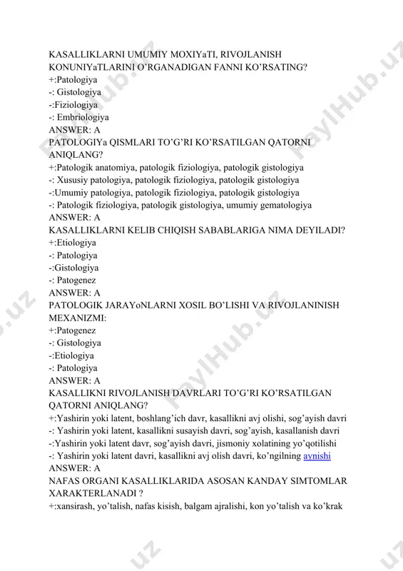 sish. -:balgam ajralishi, kon yo’talish va ko’krak kafasidagi og’riklar, oyokda og’riklar. -: nafas kisish, balg’am ajralishi, korinda og’riklar. answer: a kasallikning eng og’ir oqibati nima? +:o’lim -: agoniya -:shok -: sog’ayish answer: a nafas olish va yurak urishining to’xtashiga nima deyiladi? +:klinik o’lim -: agoniya -:shok xolati -: koma xolati answer: a bronxial astma kasalligini kelib chikishining asosiy sabablari tugri keltirilgan katorni toring? +:kuyidagilarni barchasi tug’ri -: branxit kasalligi, stafilakokk va streptakokk viruslar -:grip, paragrip va kasalliklardan keyin kelib chikadi -: allergenlar ta’sirida (chinor, makkajuxori changi va boshkalar) answer: a gipodinamiya (gipokineziya) nima? +:xarakatning aktivligini kamayishi -: xarakatning aktivligini to’xtalishi -:xarakatning aktivligini oshishi -: keskin xarakat aktivligi answer: a giperdinamiya (giperkineziya) nima? +:xarakatning xaddan tashqari oshishi -: keskin xarakat oshib borishi -:xarakatning cheklanishi, susayishi -: xarakatning sustlashishi, birdan ortishi answer: a gigiena so’zining ma’nosi nima? +:sog’lik-salomatlik -: tozalik keltiraman -:davolash keltiraman -: oldini olaman answer: a reaktivlik deb nimaga aytiladi? …