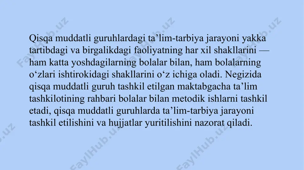 ilgan darslar uchun ham, bepul mashg‘ulotlar uchun ham etarli. uchinchidan, bolalar bog‘chasida qisqa muddatli qolish guruhi o‘ziga xos xususiyatga ega, bu bolalarning yoshini, ularning psixologik va hissiy xususiyatlarini hisobga olgan holda maxsus ta’lim dasturining mavjudligini nazarda tutadi. to‘rtinchidan, biz o‘z farzandini professionallarga xotirjamlik bilan topshira oladigan va bir necha soat ichida sartaroshga tashrif buyurishga, kechki ovqat tayyorlashga yoki shunchaki dam olishga vaqt topadigan ona haqida unutmasligimiz kerak. qisqa muddatli guruhlar asosiylarida qanday vazifalarni bajaradilar: bolalarning jismoniy va ruhiy salomatligini mustahkamlash; bolalarning fiziologik xususiyatlarini hisobga olgan holda hissiy barqarorlikni shakllantirish; ufqlarni kengaytirish, qobiliyatlarni yoshga mos ravishda rivojlantirish; bolalarning muayyan tashkilotga moslashishiga yordam berish; tengdoshlar va kattalar bilan muloqot qilish vositalari va usullarini shakllantirish; zarur tadbirlar bilan tanishtirish. image1.png