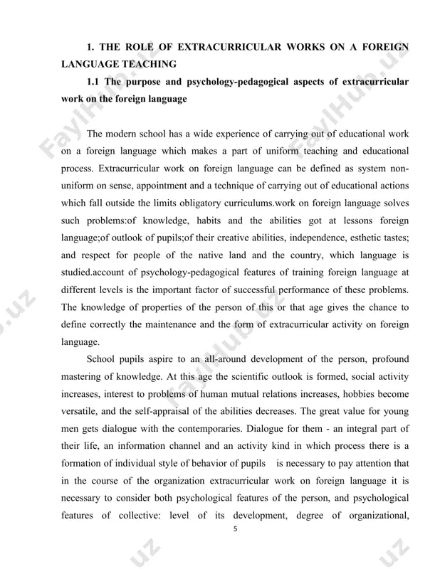 in extracurricular work to work unlike compulsion educational activity. pupils solve for themselves a question on participation in those or other kinds of out-of-class work first of all in conformity with the interests, desires to learn something new to be engaged in language in addition with any definite purposes. . after-hour character of employment, which it is expressed, first, in absence of strictly fixed regulation, concerning time, a place, the form of their carrying out. the park, a museum hall, a school garden and etc. secondly, in absence of the strict account of knowledge, skills and abilities, estimations in points can be a work venue. check of results of extracurricular work is carried out in the form of accounting, concerts, gathering, release of wall newspapers in a foreign language and etc. . the big independence and initiative pupils in performance of after-hour commissions. unlike study where the help of the …