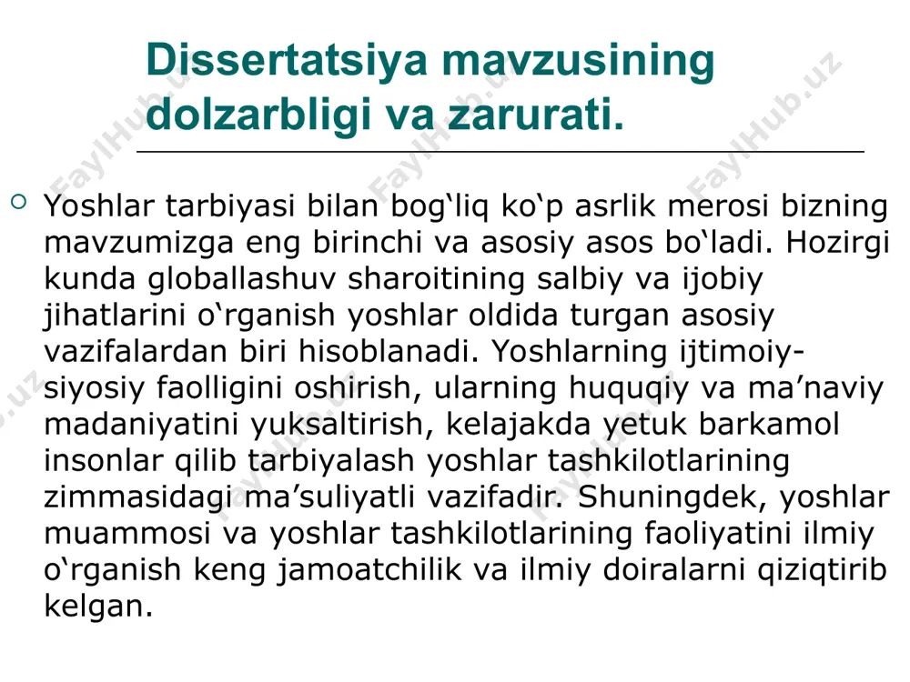 osiy madaniyati masalalarini tadqiq etishgan. shuningdek, yoshlarda kreativ qobiliyatni shakllantirishning dolzarb masalalari dj.gilford, r.rou, e.de.bono, e.torrans, k.rodjers, a.maslou, f.barron, s.sternberg, t.lyubard, ch.lendri, k.xeller kabi tadqiqotchilar tomonidan ham tadqiq etilgan. mazkur tadqiqot ishlarida yoshlarning kreativ qobiliyatini rivojlantirish, siyosiy madaniyat va uni shakllantirish muammolari kabi masalalar tadqiq qilingan. tadqiqotda qo‘llanilgan metodikaning tavsifi. dissertatsiyada qiyosiy tahlil, analiz va sintez, tarixiylik va mantikiylik, dialektik va sinergetik ilmiy bilish usullaridan foydalanilgan. ishning nazariy ahamiyati o‘zbekiston respublikasida yoshlar ijtimoiy-siyosiy faolligini oshirishda yoshlar tashkilotlari ishtiroki, yoshlarga oid muammolar va ularning yechimlari, xorijiy davlatlar yoshlar tashkilotlari tajribalari, yoshlarning jamiyatda tutgan o‘rni xususida bildirilgan ilmiy-amaliy xulosalardan mazkur muammolar yuzasidan izlanish olib borayotgan -tadqiqotchilar qo‘llanma sifatida foydalanishlari mumkin. tadqiqotning amaliy ahamiyati. dissertatsiya ishi natijalaridan umumiy o‘rta va oliy ta’lim muassasalarida o‘tiladigan “ma’naviyatshunoslik”, “tarbiya”, “axloqshunoslik”, “ijtimoiy falsafa” “dinshunoslik”, “falsafa”, “madaniyatshunoslik”, kabi fanlarni o‘qitishda va boshqa ma’naviyat-ma’rifat tizimidagi subyektlar foydalanishi mumkinligi bilan izohlanadi. xulosa va tavsiyalar mamlakatimizda barcha sohalarda jadal islohotlar olib …