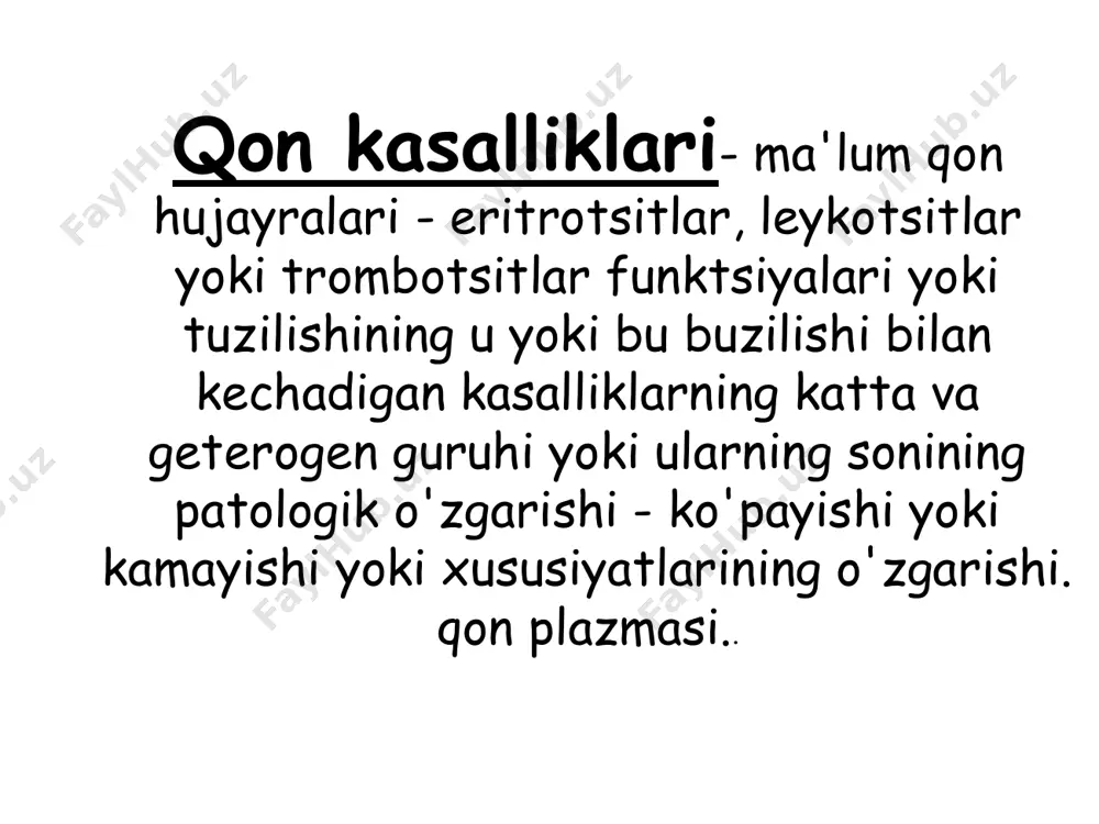 tsitlar va trombotsitlarni ishlab chiqaradigan mikroblarning mag'lubiyati haqida gapiramiz. qon testlarida bu bolalarda leykotsitlar, eritrotsitlar va trombotsitlar kam miqdorda, suyak iligida esa oddiy qon hosil qiluvchi to'qimalar o'rniga ko'p miqdorda yog' to'qimalari mavjud.. aplastik anemiya olingan aplastik anemiyalar maxsus guruhni tashkil qiladi. har bir holatda kasallikning sababini aniqlash juda qiyin. kasallik to'g'ridan-to'g'ri suyak iligidagi ajdodlarning ildiz hujayrasi - gematopoez turli yo'nalishlarda rivojlanadigan bir xil hujayraning shikastlanishi bilan bog'liq deb ishoniladi. bu toksik, yuqumli yoki immunitet ta'siri bo'lishi mumkin. kasallik o'tkir boshlanadi, ahvol yomonlashadi, terining aniq rangsizligi, ko'karishlar, turli lokalizatsiya qon ketishi paydo bo'ladi. ba'zida harorat ko'tariladi. olingan aplastik anemiya og'ir. kasallik tez rivojlanadi va to'g'ri davolashsiz salbiy oqibatlarga olib kelishi mumkin. gemorragik diatez ushbu guruhga boshqa tabiatdagi kasalliklar ham kiradi, ammo ularni bitta asosiy klinik alomat birlashtiradi - qon ketishining kuchayishi. trombotsitopatiyalar gemorragik diatez guruhidagi eng keng tarqalgan kasalliklar deb ataladigan kasalliklardirtrombotsitopatiya. ular trombotsitlarning normal soni bilan sifat jihatidan pastligiga …