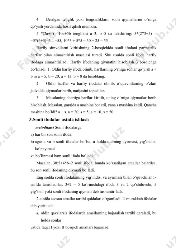 va ayirmasi bilan o’quvchilar 1-sinfda tanishadilar. 3+2 = 5 ko’rinishdagi ifoda 3 va 2 qo’shiluvchi, 5 yig’indi yoki sonli ifodaning qiymati deb tushuntiriladi. 2-sinfda asosan amallar tartibi qoidalari o’rganiladi. u murakkab ifodalar deb yuritiladi. a) oldin qavslarsiz ifodalarda amallarning bajaralish tartibi qaraladi, bu holda sonlar ustida faqat i yoki ii bosqich amallari bajariladi. masalan, 42–18+9, 63:9*4 ifodalardagi amallar yozilish tartibida bajarilishini biladilar, qiymatini hisoblab, uni o’qiy olishni tushunadilar. b) shundan keyin 1-, 2- bosqich amallarini o’z ichiga olgan va qavslarsiz amallarni bajarishga o’tiladi. masalan, 3–4+12, 40–15:3 misollardagi amallarning bajaralish tartibini o’rganadilar va hisoblaydilar. bu yerda misol orqali amallarni bajarish to’g’risida muammoli vaziyat hosil qilinadi. d) shundan keyin 25+(40–15), (85–30):5 kabi qavslar qatnashgan ifodalarni hisoblashga o’tadilar. hisoblash qoidasini keltirib chiqaradilar. o’tilgan materialni mustahkamlash maqsadida quyidagi topshiriqlar beriladi: 1. amallarni bajarish tartibini tushuntiring va ifodalarning qiymatini toping; 65+21: 3 ifodalarning qiymatini qulay usul bilan toping. 70-(20 + 6),48 + (30 + 4), …