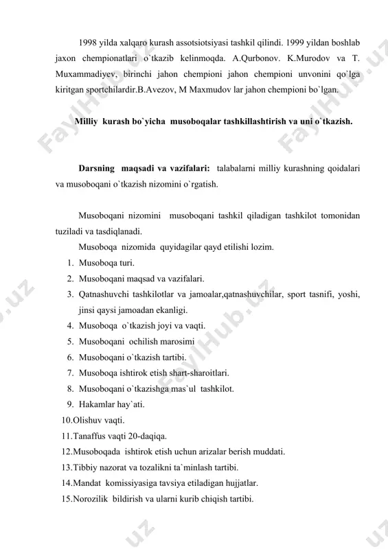 irida har bir vazn toifasida g`olib va sovrindorlar aniqlanadi. b) jamoalar birinchiligida har bir jamoaning olgan o`rni aniqlanadi. v) shaxsiy va jamoalar birinchiligida har bir jamoaning qatnashchisi olgan o`rni va shunga qarab har bir jamoaningolgan o`rni aniqlanadi. g) ochiq gilam birinchiligida har bir kurashchi o`zining sport klassifikatsiyasi, unvoni va mahoratini oshirish uchun kurashadi. d) mutloq birinchilikda har qanday kurashchi vazn toifasidan qatiy nazar (bosh hakam ruxsati bilan qatnashish huquqiga ega) e) jamoa-jamoa bilan gilamga chiqib vazn bo`yicha ketma-ket qurashish. hakamlar hay`ati. har bir musoboqani o`tkazishdan oldinshu musoboqani o`z hududiga tashkil qilayotgan davlat musoboqa xizmat qiladigan davlat musoboqa da xizmat qiladigan hakamlar ruyxatini musoboqa ish qismiga qarab kurash federatsiyalar tomonidan tasdiqlanganhakkalar ana shu musoboqada xizmat qilishga haqlidirlar. har bir xalqaro turnir, qitalar chempionati va birinchiligi, jahon chempionati va birinchiligi, olimpiya o`yinlari dasturidagi kurash musoboqalarida faqatgina kurash halqaro assotsiatsiyasi tomonidan tasdiqlangan va maxsus sertifikatga ega bo`lgan hakamlar faoliyat ko`rsatadi. hakamlar hay`atini tarkibi: …