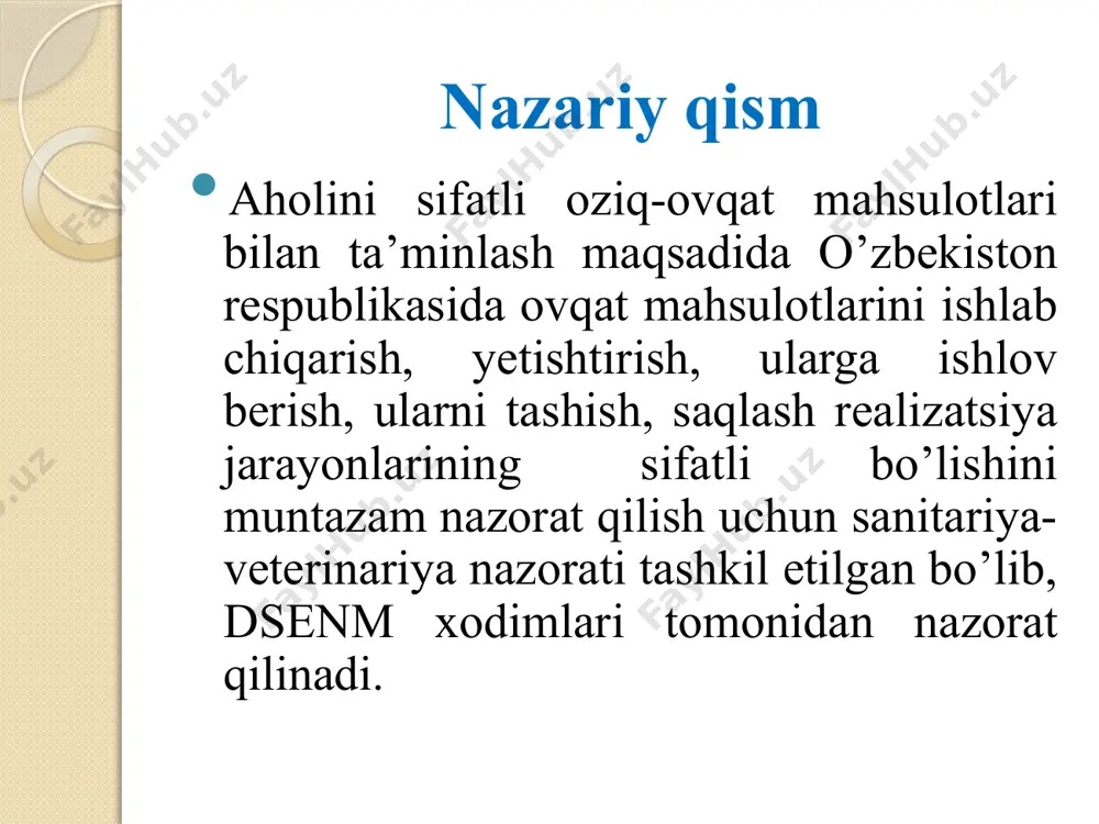 natish terner bo’yicha - 18-24 chirib tushmasligi kerak soda aralashmasi rozol kislotasi bilan sifat reaktsiyasi sariq rang kraxmal aralashmasi yod eritmasi bilan sifat reaktsiyasi ko’kimtir rang bakteriologik ko’rsatkich ovqatli muhitga ekish, mikroskopda ko’rish patogen floralar bo’lmasligi kerak sutni qalbakilashtirish 1.sutning yog’ini olganda – solishtirma og’irlmik ortadi, yog’liligi pasayadi, rangi o’zgaradi, sarg’ish tusga kiradi. 2. suv qo’shilganda - solishtirma og’irligi pasayadi, ko’kimtir rangga o’tadi, ta’mi suv ta’miga yaqinlashadi. 3.soda qo’shilganda – nordonligi pasayadi, rozol kislota pushti rang beradi. 4.kraxmal qo’shilganda – rangi oq-ko’kimtir, konsistentsiyasi cho’ziluvchan, yod bilan ko’kimtir rang hosil qiladi. 6 go’shtning gigienik ekspertizasi go’sht to’la qiymatli oqsillar manbaidir. go’sht tarkibidagi oqsilning o’rtacha miqdori 13-15%, go’shtdagi yog’ning o’rtacha miqdori 3 -34% gacha. go’sht tarkibida mineral tuzlar (kaliy, fosfor, nartriy, temir), a va v guruhiga kiruvchi vitaminlar mavjud. go’shtning sifatliligini baholash quyidagi organoleptik ko’rsatkichlarni (rangi, hidi, konsistentsiyasi, sho’rvasining ta’mi), kimyoviy ko’rsatkichlarni (ammiak, vodorod-sulfid, o’t kislotalari), mikrobiologik (gelmintlarning borligi) ko’rsatkichlarni aniqlash orqali …