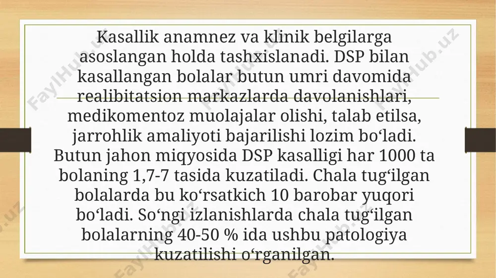 doq faoliyatini boshqaradigan markazlar zararlanadigan boʻlsa yutinish bilan bogʻliq muammolar (disfagiya) yuzaga chiqadi. dspning barcha koʻrinishlarida mushaklar tonusi oshib ketadi. oyoq-qoʻllarda harakat chegaralanadi, boʻgʻimlarda harakat yoʻqoladi, natijada oyoq qoʻllar mushaklari atrofiyaga uchraydi va ular tanaga nisbatan nomutanosib holatga keladi. bolalar serebral falaji bilan kasallangan bemorlarda oʻziga xos tana tuzilishidagi deformatsiyalar (skolioz, koʻkrak qafasi deformatsiyalari) yuzaga chiqadi. motorika buzilishi va skelet deformatsiyalari bolalarda surunkali ogʻriq sindromiga sabab boʻladi. ogʻriq boʻyin, yelka, belda paydo boʻladi. giperkinetik shakldagi bolalar serebral falaji toʻsatdan yuzaga chiquvchi belgilar: boshning qayta qayta bir tomonga burilishi, yuzda kirmasa, koʻrinishida boʻlishi, qaltirash, bir xil harakatni takrorlash kabilar namoyon boʻladi. atonik-astatik dsp da esa yurish vaqtida muvozanatni saqlay olmaslik, mushaklarning kuchsizligi, yiqilib tushish va tremor holatlari kuzatiladi. bolalar serebral falajida yuqoridagi belgilardan tashqari gʻilaylik, oshqozon-ichak tizimidagi oʻzgarishlar, nafas olish bilan bogʻliq muammolar, peshob tuta olmaslik kabi patologiyalar ham qoʻshilishi mumkin. tahminan 20-40 % dsp epilepsiyalar bilan kechadi. 60 %ga yaqin …