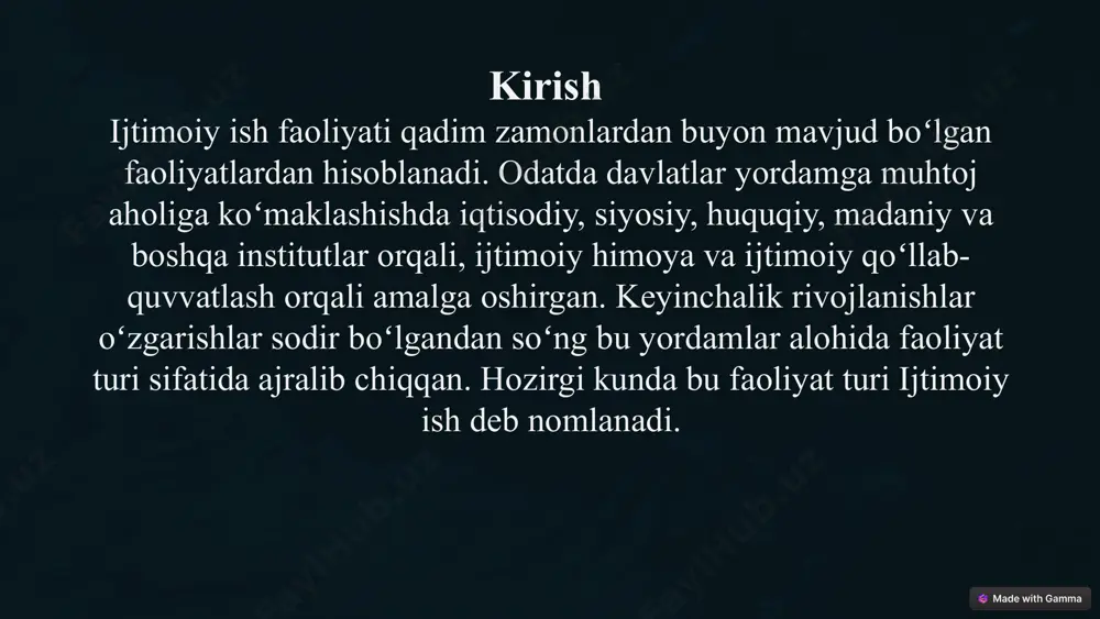 millashtirish imkoniyatlari 10 yangi yondashuvlar kadrlarni tayyorlash va ijtimoiy xizmatlar ko'rsatishda zamonaviy yondashuvlar soni 13 xulosa. hozirgi kunda barcha sohalarda yangi imkoniyatlar yaratilayotgan bir vaqtda yurtimizda ijtimoiy ish faoliyati ham kengaymoqda. bu soha oxirgi 4 yil ichida oʻz oʻrnini egalladi va hozirgi kunda ijtimoiy hizmat agentligi faoliyati darajasiga ham erishdi. fuqarolarning 80-90 fozi bu soha boʻyicha va ijtimoiy ish faoliyati boʻyicha bilimlarga ega boʻlishdi. uning qanday ish olib borishi, qanday koʻmaklashishi haqida ham maʼlumotga ega boʻlishdi. hozirgi kunda esa har bir mahallalarga ijtimoiy hodimning biriktirilib faoliyat olib borishi ham bu soha kengayayitganidan dalolat beradi. lekin bu bilan cheklanib qolish ham notogʻri. chunki baʼzi insonlar bu soha haqida faqatgina nogironligi boʻlgan shaxslarga yordam beradi degan fikrni bildiradi. 100 foiz aholi ijtimoiy ish faoliyati haqida toʻliq maʼlumotga ega emas. shu sababli internet tarmoqlarida va televideniyelarda bu soha haqida, uning vazifalari imkoniyatlari haqida xabarlar reklamalar tarqatilishi zarur deb hisoblayman. chunki hozirda deyarli barcha …
