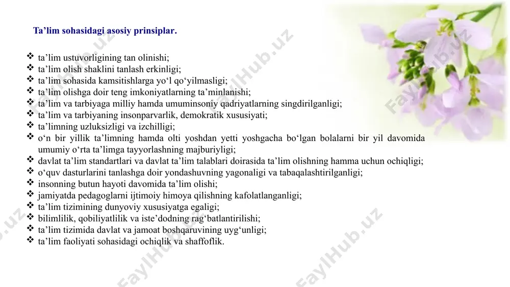 kilotlarida uzluksiz tarzda, majburiy bo‘lgan o‘n bir yil davomida amalga oshiriladi. umumiy o‘rta ta’lim tashkilotlarining sinflarida (guruhlarida) ta’lim oluvchilar soni o‘ttiz besh nafardan oshmasligi kerak. o‘zbekiston respublikasi vazirlar mahkamasining ta’lim sohasidagi vakolatlari o‘zbekiston respublikasi vazirlar mahkamasi: ta’lim sohasidagi yagona davlat siyosatini amalga oshiradi; ta’lim sohasidagi davlat dasturlarini tasdiqlaydi va ularning amalga oshirilishini ta’minlaydi; ta’lim sohasidagi vakolatli davlat boshqaruvi organlariga rahbarlik qiladi; ta’lim tashkilotlarini attestatsiyadan va davlat akkreditatsiyasidan, pedagog kadrlarni va ilmiy xodimlarni attestatsiyadan o‘tkazish, nodavlat ta’lim tashkilotlariga ta’lim xizmatlari ko‘rsatish faoliyatini amalga oshirish huquqini beradigan litsenziyalar (bundan buyon matnda litsenziya deb yuritiladi) berish, ta’lim to‘g‘risidagi hujjatlarga apostil qo‘yish tartibini belgilaydi; pedagogik kadrlarni ta’lim tashkilotlariga ishga qabul qilish va ular faoliyatini baholash tartibini belgilaydi; xorijiy davlatlarning ta’lim muassasalariga o‘zbekiston respublikasi hududida ta’lim faoliyati bilan shug‘ullanish huquqiga doir ruxsatnomalar beradi; xorijiy davlatlarda olingan ta’lim to‘g‘risidagi hujjatlarni tan olish tartibini belgilaydi; davlat namunasidagi ta’lim to‘g‘risidagi hujjatlarni tasdiqlaydi va davlat tomonidan tasdiqlangan namunadagi ta’lim …