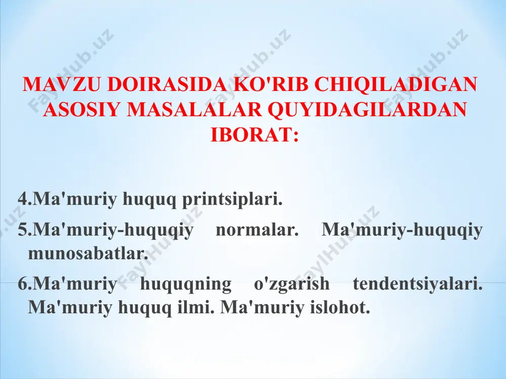 tti-harakatda erkin tanlovning mavjud emasligi hokimiyat vakolati/ommaviy boshqaruv(ma'murchilik) ma'muriy huquq normalarini o'z ichiga olgan normativ-huquqiy hujjatlar. misol uchun: o'zbekiston respublikasi konstitutsiyasi, qonunlar, o'zbekiston respublikasi prezidenti farmon va qarorlari, vazirlar mahkamasi qarorlari, turli idoraviy normativ hujjatlar va boshqalar. ma'muriy-huquqiy normalar arizachi “t” xususiy korxonasi sudga shikoyat ariza bilan murojaat qilib, qo'qon shahar hokimining 02.03.2015 yildagi 101-sonli qarorini haqiqiy emas deb topishni so'ragan. qo'qon shahar hokimining 02.03.2015 yildagi 101-sonli qarori bilan qo'qon shahri, t ko'chasida joylashgan 300 o'rinli avtovokzal (avtoshohbekat) binosi “x” futbol jamoasi balansiga berib yuborilgani aniqlangan. mazkur hokim qarori qabul qilinishida korxona ogohlantirilmagani, qarz to'liq to'lab berilmaganligi inobatga olinmagan.