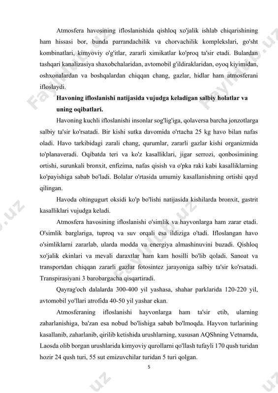 qda. hayvon turlarining kasallanib, zaharlanib, qirilib ketishida urushlarning, xususan aqshning vetnamda, laosda olib borgan urushlarida kimyoviy qurollarni qo'llash tufayli 170 qush turidan hozir 24 qush turi, 55 sut emizuvchilar turidan 5 turi qolgan. atmosferaga milliard tonnalab so2 gazining chiqarilishi natijasida sayyoramizning o'rtacha harorati 1850 yilga nisbatan 0,5os ga oshganligi aniqlangan. agar atmosferadagi so2 ning miqdori ortib boraversa, uning miqdori 2025 yilga borib 0,0379% ga etishi mumkin, bu esa er sayyorasi haroratini 1,8os gacha ko'tarilishi taxmin qilinmoqda. yer atmosferasi haroratining o'sishi, muzliklarning erishiga, suv sathining ko'tarilishiga olib keladi, bu esa ekin maydonlarini kamaytiradi, yog'in-sochin miqdori ko'payib, iqlim o'zgaradi. oxirgi 25-30 yil ichida kislotali yomg'irlar ayrim davlatlarda haqiqiy ekologik falokatga aylanib qoldi. har qanday qazilma yoqilg'i yondirilganda chiqindi gazlar tarkibida oltingugurt va azot qo'sh oksidlari bo'ladi. atmosferaga millionlab tonna chiqarilayotgan bu birikmalar yomg'irni kislotaga aylantiradi. so'nggi yillarda aqsh, kanada, germaniya, shvesiya, norvegiya, rossiya va boshqa rivojlangan davlatlarda kislotali yomg'irlar ta'sirida katta maydondagi …