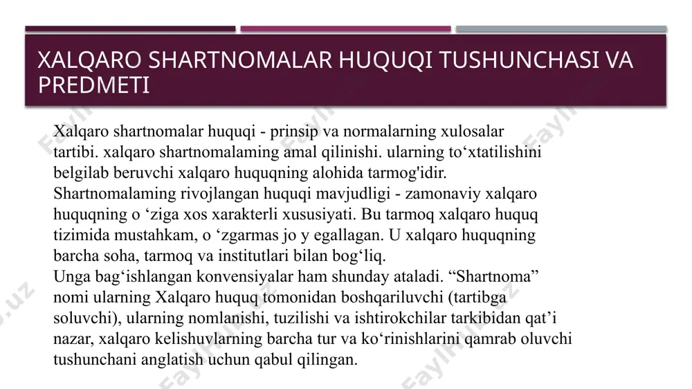 vena konvensiyasida asosan shartnoma matni to 'g 'ri va yakuniy hisoblanadi, agar: a) matnda ko‘zda tutilgan jarayonining qabul qilinishi natijasida yoki ishtirokchilarning o ‘zaro kelishuvi bilan tuzilgan bo‘isa; b) agar bunday jarayon mavjud bo‘lmasa, u holda imzolash yo ‘li bilan, ad referendum imzolash yoki shartnoma matni ishtirokchilari vakillarining rasmiy ko‘zdan kechirib chiqishi bilan ushbu matnni o ‘z ichiga olgan konferensiyaning yakuniy akti bilan o ‘zaro keshilsa. p a ra firla sh (initialing - ingliz tilidan olingan bo ‘lib. initsial, ilk, boshlang‘ich degan ma’nolarni anglatadi) - oldindan xomaki imzolash, uning yordamida shartnoma matnning to ‘g‘ri, ishonchliligi aniqlanadi. bu jarayon vakillari tomonidan matnning har bir betiga o ‘z ismining bosh harflarini yoki belgilarini qo'yish bilan amalga oshiriladi. matn so ;ngida imzo bo‘lishi kerak bo ‘igan joy ga belgi qo‘yilmaydi. bunday tartib to ‘liq imzolash emasligiga shubhalar qolmasligi uchun qo‘llaniladi. ad referendum imzolash (ma’qullanguncha) - oldindan imzolash turi bo ‘lib, vakillaming shartnoma matni …