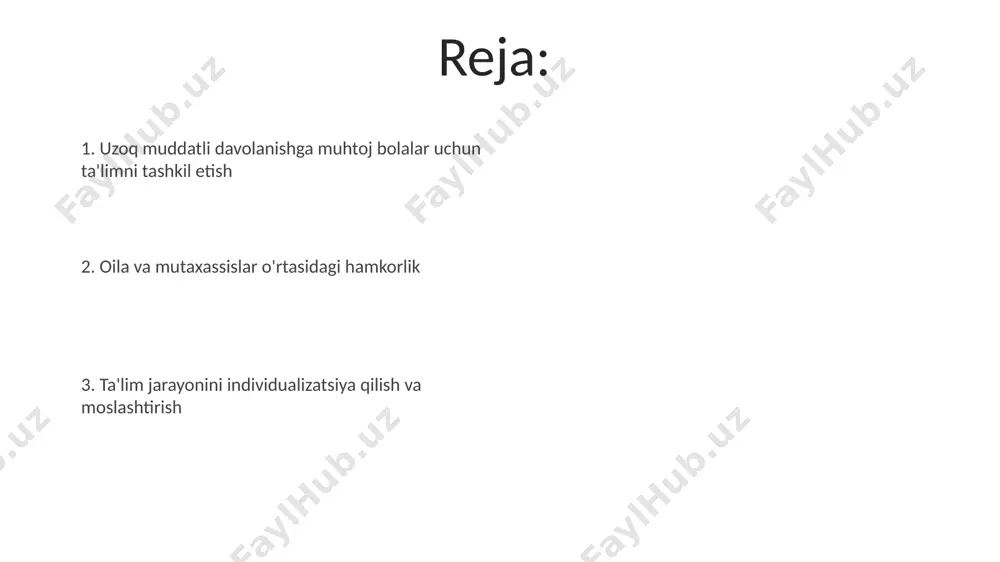 di. muvaffaqiyatli amaliyotlar uzoq muddatli davolanish talab etiladigan bolalar uchun individual ta'lim rejalari (itr) ishlab chiqish va ularni muntazam ravishda 3 oyda bir marta qayta ko'rib chiqish o'quv jarayonining samaradorligini 20% ga oshirdi. onlayn ta'lim platformalaridan foydalanish va 24/7 qo'llab-quvvatlash xizmati taqdim etish, kasallik tufayli maktab darslarini o'tkazib yuborgan bolalarning 85% dan ko'prog'i o'quv dasturini davom ettirishlariga yordam berdi. baholash va monitoring doimiy monitoring natijalariga ko'ra, o'quv rejasini har 6 oyda kam-kamdan takmillashtirib borish samaradorligini oshiradi. baholash jarayonida ta'limning 30%ini bolaning individual ehtiyojlariga moslashtirish, 70%ini esa umumiy o'quv dasturiga asoslangan holda olib borish maqsadga muvofiq. ta'limning moslashuvchan shakllari ta'limning moslashuvchan shakllari, jumladan, individual yondashuv va qo'llab-quvvatlovchi texnologiyalar, bolaning o'quv ehtiyojlarini 90% ga qadar qondirish imkonini beradi va uning akademik muvaffaqiyatiga yordam beradi. ta'limning moslashuvchan shakllari, masalan, onlayn o'qitish yoki individual rejalashtirilgan darslar, bolaning davolanish rejimiga moslashtirilishi va 70% dan ortiq o'quv materialini qamrab olishi mumkin. bolaning individual ehtiyojlarini aniqlash bolalarning …