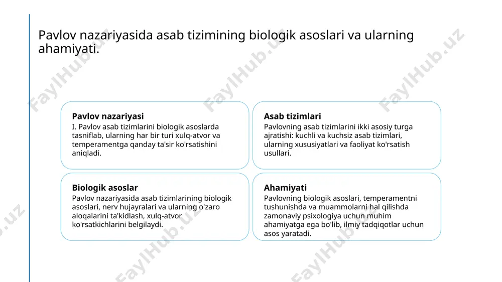 'lchovlari taqdim etiladi, bu esa o'zaro bog'lanishlarni ochib beradi. 3 o'zbekistondagi tadqiqotlar o'zbekistonda zamonaviy temperament nazariyalari asosida olib borilgan tadqiqotlar, madaniy kontekstda shaxsiyatni tushunishga yordam beradi, mahalliy xususiyatlarni o'rganadi. temperamentning zamonaviy psixologiyadagi roli va ahamiyati. 1 temperamentning ta'rifi - temperament, shaxsning xulq-atvorini belgilovchi doimiy psixologik xususiyatlar to'plamidir. u his-tuyg'ular, motivatsiya va reaktsiyalarni ta'sir qiladi. 2 psixologiyada ahamiyati - temperament zamonaviy psixologiyada shaxsiy nazariyalar va terapevtik yondashuvlar uchun muhim parametr hisoblanadi. u insonlarning o'zaro munosabatlarini tushunishda yordam beradi. 3 temperament va xulq - temperamentning o'ziga xosligi insonlarning xulq-atvoriga, stressga munosabatiga va qaror qabul qilish jarayonlariga ta'sir ko'rsatadi, bu esa shaxsning umumiy rivojlanishiga ta'sir qiladi. 4 zamonaviy tadqiqotlar - zamonaviy tadqiqotlar temperamentni o'rganishda yangi metodologiyalar va vositalarni qo'llashni ko'rsatmoqda, bu esa psixologiya va sotsiologiya sohalarida yangiliklarni keltirib chiqaradi. temperament nazariyalarining madaniy va ijtimoiy kontekstdagi ta'siri. 1 madaniy kontekst temperament nazariyalari, madaniy kontekstda odamlarning hissiyotlari va xulq-atvorlarini shakllantirishda muhim rol o'ynaydi, ijtimoiy me'yorlarni …