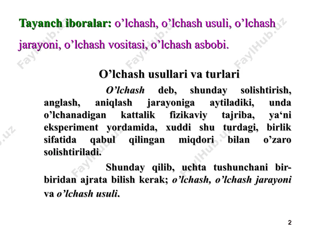 bo’lim qiymati; x – shkaladan olingan qaydnoma. * bilvosita o’lchash – bevosita o’lchangan kattaliklar bilan o’lchanayotgan kattalik orasida bo’lgan ma‘lum bog’lanish asosida kattalikning qiymatini topish. masalan, tezlikni o’lchash. majmuiy o’lchash – bir necha nomdosh kattaliklarning birikmasini bir vaqtda bevosita o’lchashdan kelib chiqqan tenglamalar tizimini yechib, izlanayotgan qiymatlarni topish. masalan, har xil tarozi toshlarining massasini solishtirib, bir toshning ma‘lum massasidan boshqasining massasini topish uchun o’tkaziladigan o’lchashlar. birgalikda o’lchash – turli nomli ikki va undan ortiq kattaliklar orasidagi munosabatni topish uchun bir vaqtda o’tkaziladigan o’lchashlar. misol, rezistorning 20os dagi qiymatini turli temperaturalarda o’lchab topish. * mutlaq o’lchash – bir yoki bir necha asosiy kattaliklarni bevosita o’lchanishini va (yoki) fizikaviy doimiylikning qiymatlarini qo’llash asosida o’tkaziladigan o’lchash. nisbiy o’lchash – kattalik bilan birlik o’rnida olingan nomdosh kattalikning nisbatini yoki asos qilib olingan kattalikka nisbatan nomdosh kattalikning o’zgarishini o’lchash. * * v а u r i o‘lchash turlariga misol: a) bevosita o‘lchash; b) bilvosita o‘lchash …