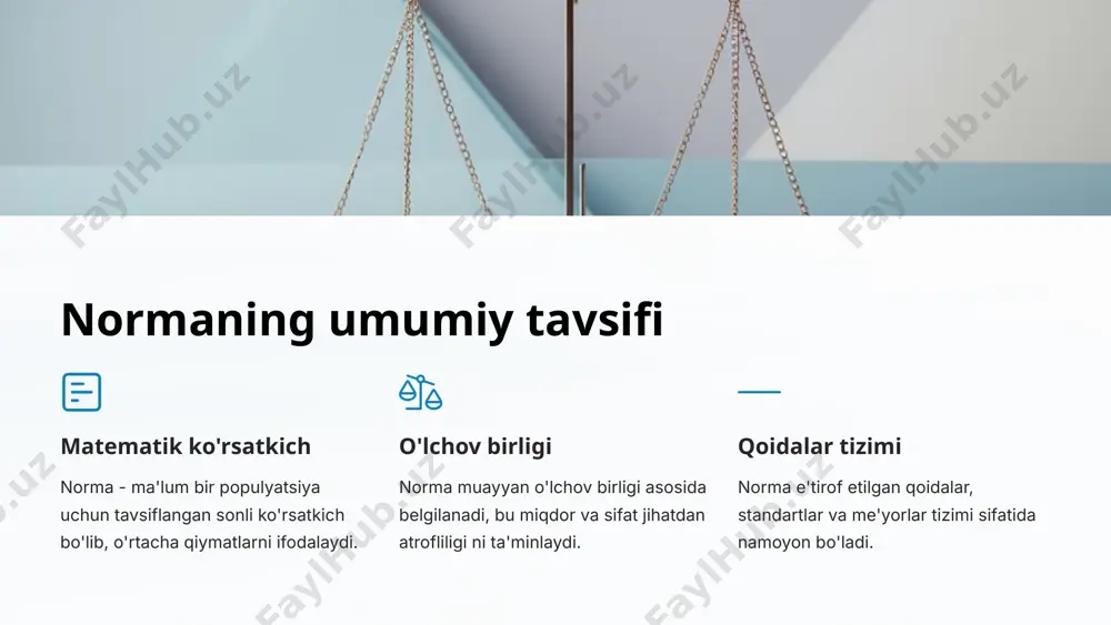 xulq-atvori va maovariy hodisalarni o'rganishda muhim ahamiyatga ega. iqtisodiyotda normal taqsimlanish qonuniyatlari korporativ moliya, investitsiyalar, bozorlar va xarid qilish xatti-harakatlarini tahlil qilishda qo'llaniladi. tibbiyotda tibbiyot sohasida normal taqsimlanish qonuniyatlari tibbiy ko'rsatkichlarni tahlil qilish, diagnostika va davolash uchun muhim ahamiyatga ega. 10 standartviy normal taqsimlanish va uning ahamiyati standartlashtirilgan ko'rsatkich standart normal taqsimlanish, o'rtacha = 0 va standart og'ish = 1 bo'lgan normal taqsimlanish, psixologiyada keng qo'llaniladi. natijalarga taqqoslash standart normal taqsimlanish orqali kuzatilgan natijalarni oʻrtacha va standart oʻchishdan yigirma foizli qiymatlar bilan taqqoslash mumkin. ehtimolliklarni hisoblash standart normal taqsimlanish yordamida har qanday normal taqsimlangan o'zgaruvchining ehtimoliyligini hisoblash mumkin. standart shkalalashtirish standart normal taqsimlanish, psixologik testlar, o'lchovlar va skavalashtirishda ishlatiladi. 11 psixologiyada normal taqsimlanish qonuniyatlaridan foydalanish psixologik ko'rsatkichlarni baholash normal taqsimlanish qonuniyatlari psixologik testlar va o'lchovlarni tuzish, baholash va talqin qilishda asosiy ahamiyatga ega. individual farqlarni aniqlash normal taqsimlanish ta'riflariga asoslanib, individual farqlarning me'yoriy chegaralarini belgilash mumkin. regressiya modellarini qurish normal …