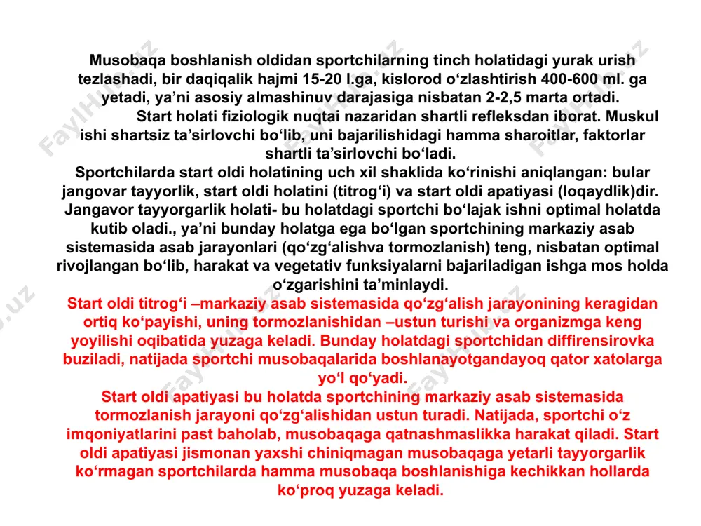 hga nisbatan tez bajariladigan ishga kirishish muddati qisqaroq bo‘ladi. «o‘lik nuqta » va «ikkinchi nafas» katta tezlik bilan va uzoq muddatda bajariladigan (uch daqiqadan ortiq) muskul ishlarida bir oz vaqt o‘tishi bilan ba’zi sportchilarda ishga layoqatliligining vaqtincha keskin kamayishini kuzatish mumkin. bu hol «o‘lik nuqta» nomi bilan atalib ko‘pincha tajribasiz past malakali sportchilarda yuzaga keladi. «o‘lik nuqta» birinchi marta qayiqchilarda, keyin o‘rta va uzoq masofaga yugurishda, suzishda, eshkak eshish, velosiped poygasi, kurash va boshqa sport turlarida aniqlangan. o‘lik nuqta» holatida sportchining ish qobiliyati pasayadi vaqt birligida energiya sarfi ortadi, havo yetishmasligi, nafasni yuzaki tez-tez olinishi, tomirir daqiqada 180-200 gacha uradi, arteriya qon bosimi 200 mm, s. u.gacha ko‘tarilishi, qonning aktiv reaksiyasi kislotali tomonga surilish (rn.7,20-7,«24), alveola havosida karbonat angidrid miqdori 1,0-1,5% gacha ortishi, bosh aylanish, rangni oqarishi, ter bosishi, hatti-harakat uyg‘unligining buzilishi kabi o‘zgarishlar sodir bo‘ladi. «o‘lik nuqta» yengilganidan keyin fiziologik funksiyalar rivojlanishi, ish qobiliyatining tiklanishi «ikkinchi nafas» nomi bilan …