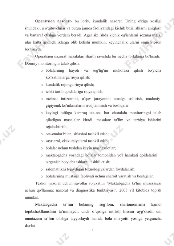 oitidagiga qaraganda tezroq bolalar bog'chasi, belgilangan xulq-atvor qoidalariga bo'ysunish qobiliyati shakllanadi. ammo shu bilan birga, bu qoidalarga rioya qilishdan qoniqish emas, balki ularni buzish qo'rquvi ustunlik qiladi. bolalarda tashvish kuchayadi, hissiy qulaylik darajasi pasayadi. 7 yoshli birinchi sinf o'quvchilarida shunga o'xshash muloqot uslubi shunga o'xshash ta'sirga olib kelmaydi. barcha 6 yoshli bolalar moslashishda qiyinchiliklarga duch kelishadi: ba'zilarida letargiya, ko'z yoshlari, uyqu va ishtahaning buzilishi rivojlanadi; boshqalar haddan tashqari hayajonlanadi, asabiylashadi va jahldor bo'ladi. nisbatan qulay o'quv sharoitida psixologik kuchlanish 1,5 - 2 oydan keyin kamayadi. keyinchalik og'ir sharoitlarda u davom etib, nevrozlar va somatik kasalliklarni keltirib chiqaradi. 5.2 inqiroz 6-7 yil rossiyalik psixologlarning fikriga ko'ra (l.s.vygotskiy, d.b. elkonin, l.i.bozhovich va boshqalar), maktabgacha va 1 o‘zbekiston respublikasining prezidenti sh.m. mirziyoyevning “2017–2021-yillarda maktabgacha ta’lim tizimini yanada takomillashtirish chora-tadbirlari to‘g‘risida”gi qarori. –t.: 2016 y., 29-dekabr. -28 b. boshlang'ich maktab yoshi 7 yil inqirozi bilan ajralib turadi. bu o'z-o'zini tartibga solish inqirozi, 1 yillik …