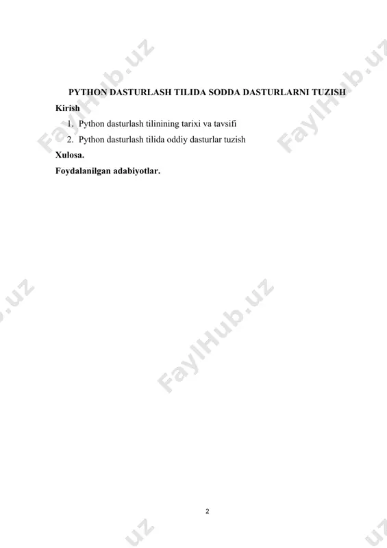 g tarixi va tavsifi python dasturlash tilini yaratilishi 1980-yil oxiri 1990-yil boshlaridan boshlangan. o`sha paytlarda uncha taniqli bo`lmagan gollandiyaning cwi instituti xodimi gvido van rossum abc tilini yaratilish proektida ishtirok etgan edi. abc tili basic tili o`rniga talabalarga asosiy dasturlash konsepsiyalarini o`rgatish uchun mo`ljallangan til edi. bir kun gvido bu ishlardan charchadi va 2 hafta davomida o`zining macintoshida boshqa oddiy tilning interpretatorini yozdi, bunda u albatta abc tilining baвђ™zi bir g`oyalarini o`zlashtirdi. shuningdek, python 1980-1990-yillarda keng foydalanilgan algol-68, c, c++, modul3 abc, smalltalk tillarining ko`plab xususiyatlarini o`ziga olgandi. gvido van rossum bu tilni internet orqali tarqata boshladi. bu paytda o`zining вђњdasturlash tillarining qiyosiy taqriziвђќ veb sahifasi bilan internetda to 1996-yilgacha stiv mayevskiy ismli kishi taniqli edi. u ham macintoshni yoqtirardi va bu narsa uni gvido bilan yaqinlashtirdi. o`sha paytlarda gvido bbc ning вђњmonti paytonning havo sirkiвђќ komediyasining muxlisi edi va o`zi yaratgan tilni monti payton nomiga python deb atadi (ilon …