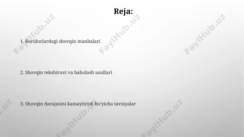 n inspektsiyasi va baholashga kirish samarqand shahridagi 10 ta koridorda o'tkazilgan tadqiqotlar shuni ko'rsatdiki, shovqin manbalarining 70% hvac tizimlaridan kelib chiqadi va 45 db dan yuqori shovqin kuzatiladi. farg'ona viloyatidagi koridorlarda shovqinni baholashda, iso 140-3 standartiga muvofiq, 5 ta chastota diapazonida o'lchovlar olib borilib, natijalar grafik shaklda taqdim etiladi. davriy tekshiruvlar va monitoring тошкент шаҳридаги 5 та йирик корридордаги шовқин даражасини ўлчаш бўйича йиллик даврият текширувлари натижасида 70 дб дан юқори шовқин даражаси аниқланган ҳудудлар сони 15% га камайган. самарқанд вилоятидаги 3 та таълим муассасасининг ётоқхона корридорларида ўтказилган текширувларда 40 дб дан юқори шовқин даражаси кузатилган бўлиб, тегишли чоралар кўрилмоқда. ovoz izolyatsiyasi va materiallari ўзбекистоннинг самарқанд вилоятидаги 15 та мактаб биносида ўтказилган тадқиқотлар, гипсокартон деворлар билан бирга 5 см қалинликдаги минерал жуннинг энг самарали овоз изоляциясини таъминлашини кўрсатди. катта тезликдаги поездларнинг шовқинини камайтириш учун 2023 йилда андижон вилоятидаги темир йўл линияси бўйлаб 10 км масофага 20 дб гача шовқинни камайтирадиган …