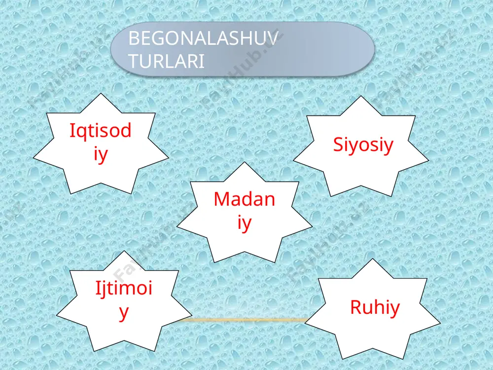 ma’no kasb etadi. buning uchun ishlab chiqarish munosabatlarini chuqur demokratiyalshtirish, korxona, tashkilot va muassasalardagi mavjud boshqaruv tizimlarini demokratik yo‘llar bilan takomillashtirish va ishchi, xizmatchilarga xo‘jalik egasining aniq vazifasi, huquqi va mas’uliyatliliklarini bilishlari kerak. madaniyatdan begonalashuvni bartaraf etish uchun madaniy merosga munosabatni takomillashtirib borish, jamiyatning har bir a’zosi ma’naviy qadriyatlardan yaxshi xabardor bo‘lish va madaniy qurilishga yetarli mablag‘ ajratilishini ta’minlash zarur. ijtimoiy begonalashuvni bartaraf qilish uchun insonlarning bir-birlari bilan munosabatlari, muammolarini haqiqiy birdamlik va hamkorlik asosida qurish kerakki, shunda har bir inson o‘zini boshqalar uchun ham kerak ekanligini chin yurakdan sezsin. e’tiboringiz uchun raxmat! image5.jpeg image6.png image7.jpeg image8.jpeg image9.jpeg image10.png image11.jpeg image1.jpeg image2.png