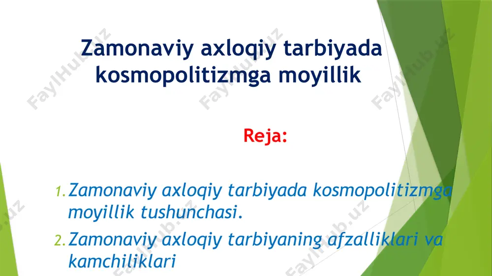 o‘zgartirishga va xalqlar turmush tarzini yaqinlashuviga sabab bo‘lmoqda. bir so‘z bilan aytganda «ommaviy madaniyat» dunyoda bir xillikni shakl- lantirmoqda. inson hayotida bir xillik zerikarli va mazmunsiz yashashga olib keladi. zamonaviy axloqiy tarbiyada kosmopolitizmga moyillik oʻzgaruvchilari mavjud. kosmopolitizm, yuqori ahamiyat beradigan qadriyat boʻlib, ommaviy qobiliyat va huquqlarga ega fuqarolar kabi insonlarning barchasiniga hamido boʻlib keladi. kosmopolitizm konsepti, insonlar orasidagi nazariya va amaliy munosabatlarni topshirishni maqsad qiladi. kosmopolitizmga moyillik deganda odamlarning qarashlari, ommaviy tashkilotlarga nisbatan adolatsizlik, tashkilotlar orasidagi qarashlar va afzal koʻrish orqali tarqaladi. bu tarbiyaviy qarash, milliy va etnik hissiyotlarni oʻz ichiga olmaydi va ommaviy qadriyatni qoʻllab-quvvatlaydi. kosmopolitizm, insonlar orasidagi barqarorlik, hurmat va tushunchalar oʻrtasidagi yoshda bogʻlangan insoniy munosabatlarni taklif etadi. globallashuvning eng dolzarb bo‘lgan madaniyatlararo munosabatlardagi bu tendensiyalari bizning davrimizda ziddiyat ko‘rinishini kasb etmoqda. ana shunday «madaniy qarash»lardan biri kosmopolitizm (yun. kosmorolites — dunyo, olam, dunyo fuqarosi) bo‘lib, bu oqim tarafdorlari yagona dunyo, universa- lizm g‘oyasini ilgari suradilar. «yagona dunyo …