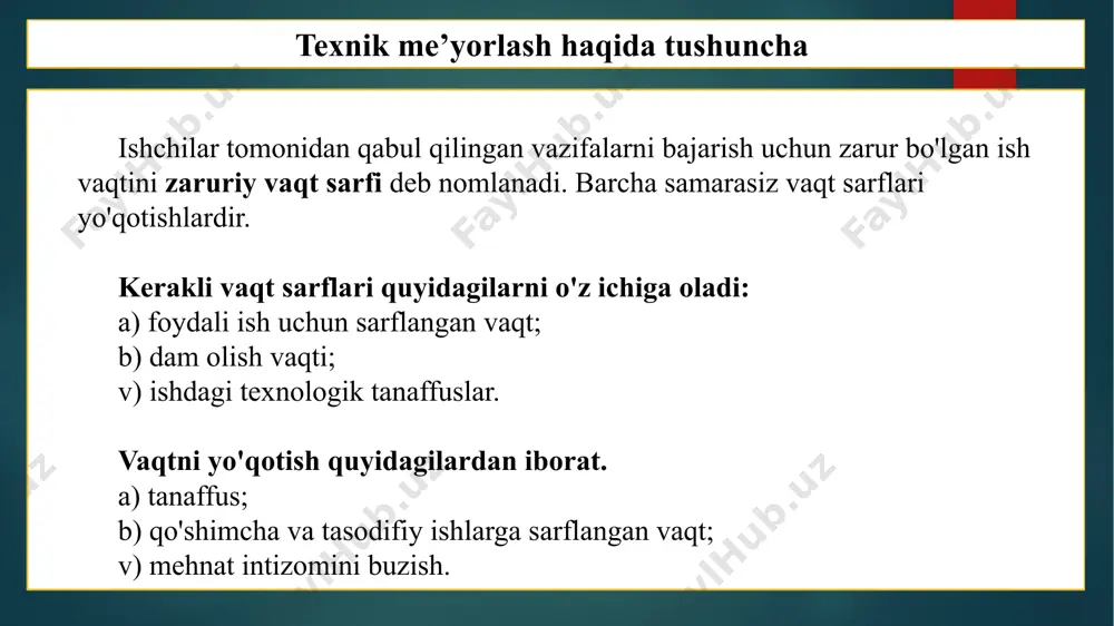 rish uchun yana bir bor me’yorlashni amalga oshirish talab etilishidir. texnik me’yorlashning analitik usulida esa me’yorlash asosan mavjud ma’lumotlar bazasini tahlil qilish orqali amalga oshiriladi. shu sababli ham ushbu ne’yorlashning ishonchliligi nisbatan yuqori hisoblanadi. foydalanilgan adabiyotlar www.stroy-technics.ru www.ziyonet.uz www.studfiles.ru www.up-pro.ru image2.png image3.png image4.png image5.png