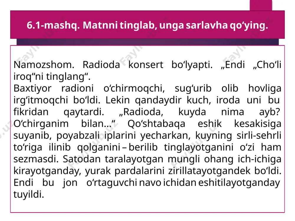 ham, ajratib ham yozish hollari uchraydi: soch siypatar – sochsiypatar, beshikto‘y – beshik to‘yi kabi. qo‘shib yoziladimi yoki ajratib? juft so‘zlar ham ikki xil yoziladi: katta-kichik – katta-yu kichik kabi. foto sahifa televizion kamera disk choynak veb stansiya kino teatr elektr ko‘rsatuv radio yuritgich namuna: fotokamera, … 6.5-mashq. „kim chaqqon?“ musobaqasini uyushtiring. aralash berilgan so‘zlardan qo‘shma so‘zlar hosil qiling va ularning yozilishini lug‘atdan tekshiring: 6.6-mashq. quyida berilgan so‘zlarga diqqat qilib, ularning yozilishi sababini izohlang. unter-ofitser kilovatt-soat metr-sekund shtab-kvartira. mustaqil bajarish uchun topshiriqlar 6.1- topshiriq. matn bilan tanishing. yozuvchining kuzatuvchanlik mahorati haqida fikr yuriting. 6.2- topshiriq. gaplardagi qo‘shma so‘zlar bilan bog‘liq xatolarni tuzatib ko‘chiring. e’tiboringiz uchun rahmat! foydalanilgan adabiyot: baxtiyor mengliyev, sharofat toshmirzayeva, saodat atoyeva, saida majidova. ona tili. 2-qism. [matn]: umumiy o‘rta ta’lim maktablarining 11-sinfi uchun darslik. toshkent: “o‘qituvchi” nmiu, 2020 ushbu taqdimot slaydi mahsulotidir. diqqat! ushbu mahsulotni tijoriy maqsadda ko‘paytirish javobgarlikka sabab bo‘ladi! image3.jpeg image4.png image9.png image24.jpg image7.png image21.png …